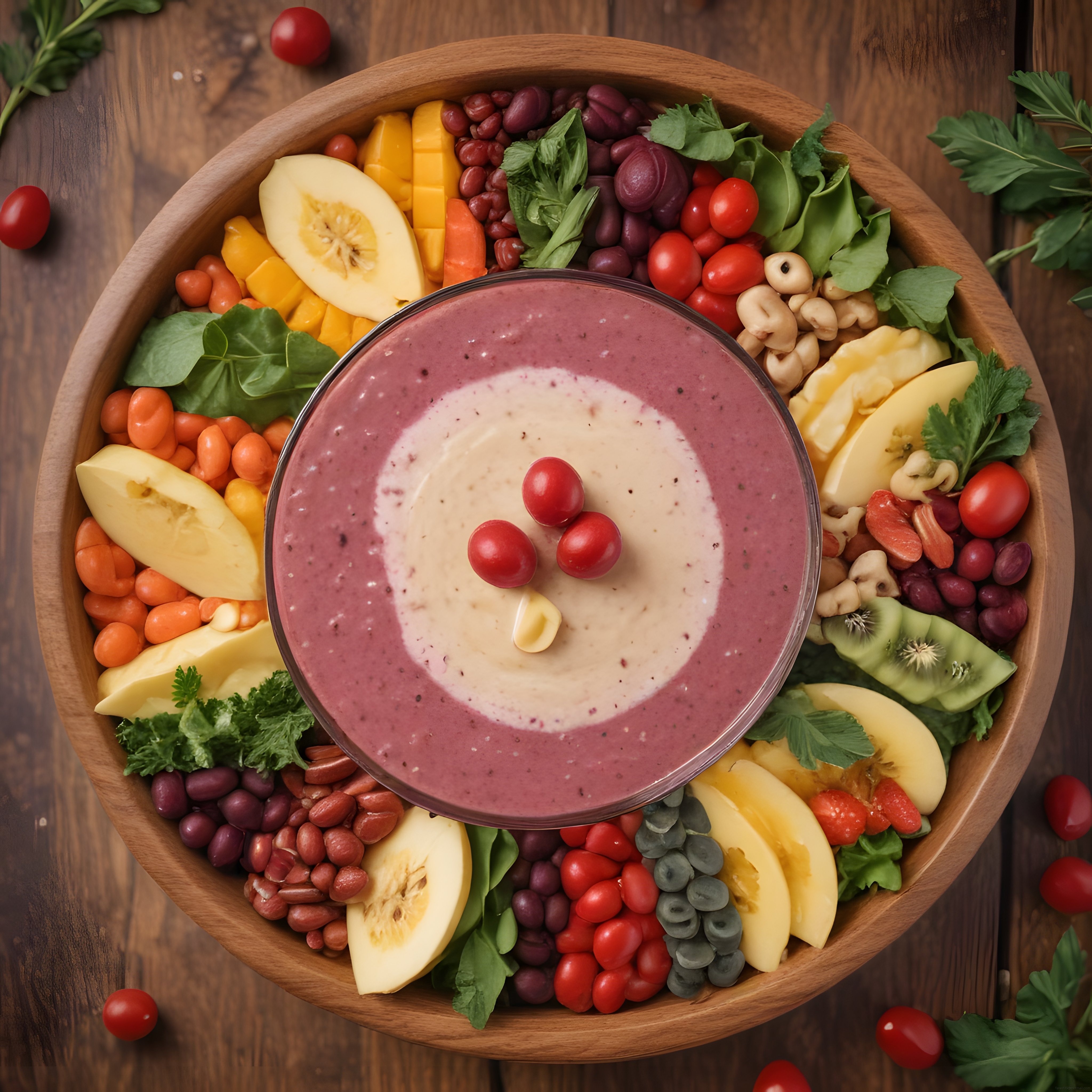 Ahşap kasede smoothie bowl ve renkli meyveli sağlıklı kahvaltı sunumu