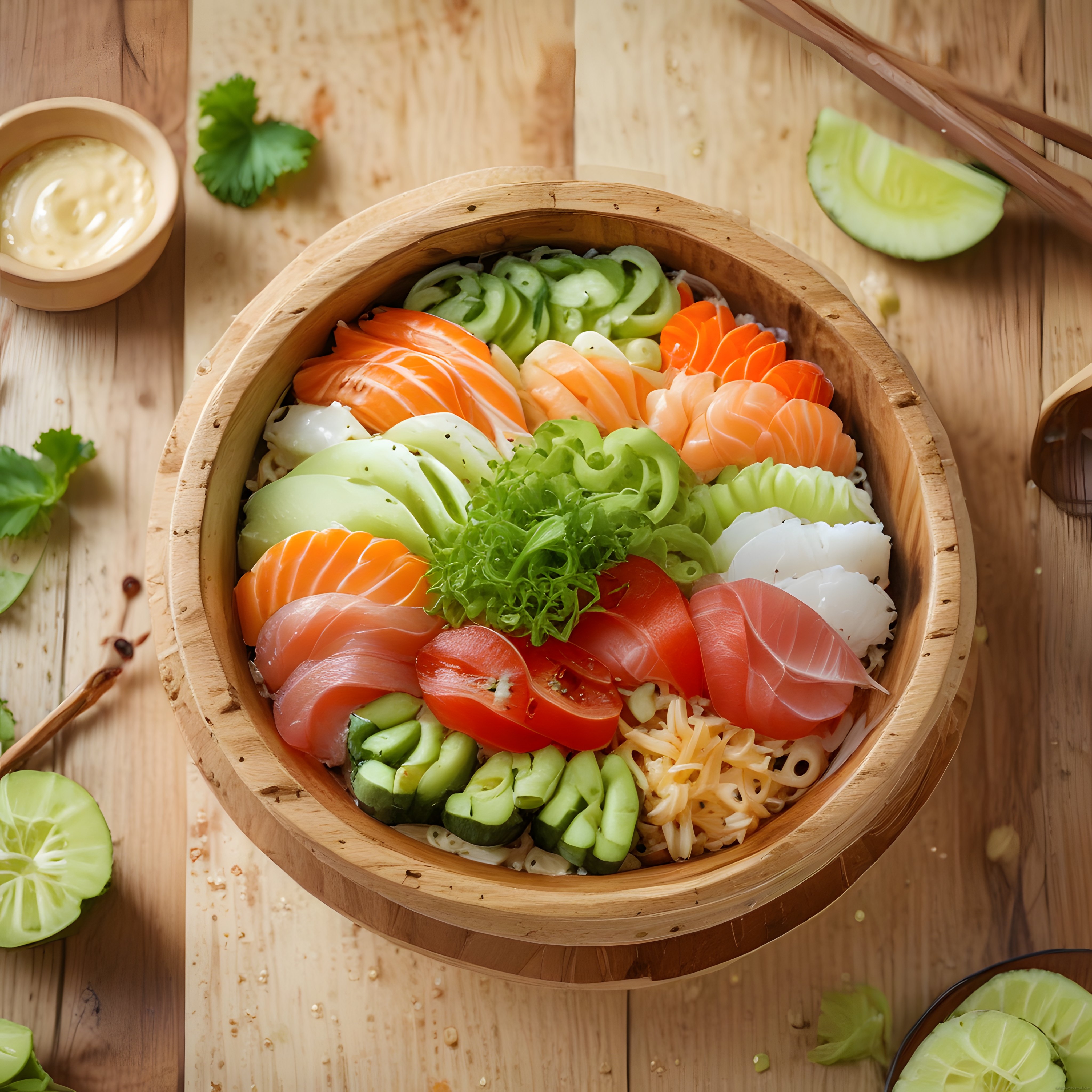 Ahşap Kasede Somonlu Ton Balıklı Sebzeli Renkli Hawaii Poke Bowl Sunum