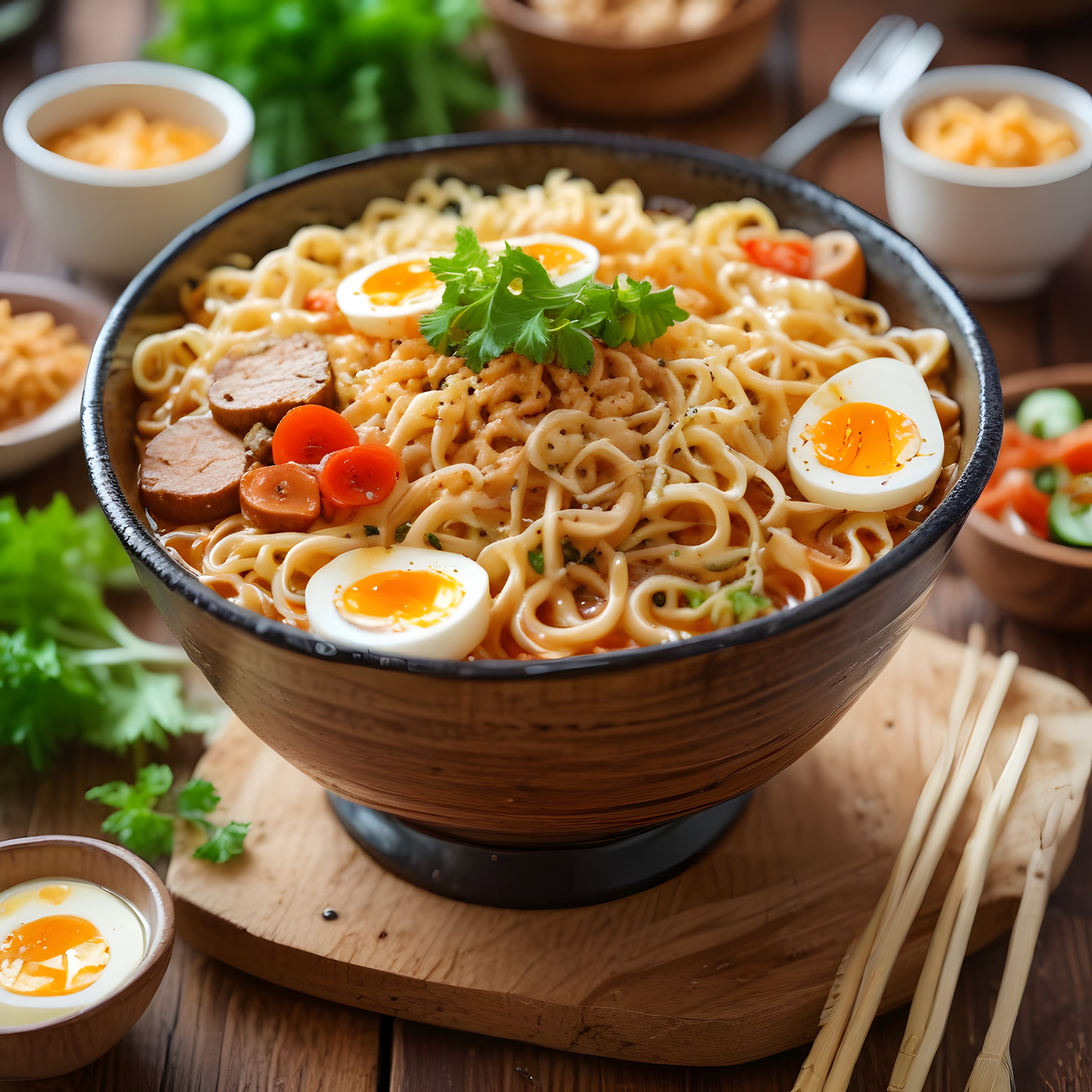 Ahşap Kasede Sosis ve Yumurtalı Baharatlı Asya Eriştesi Sunumu