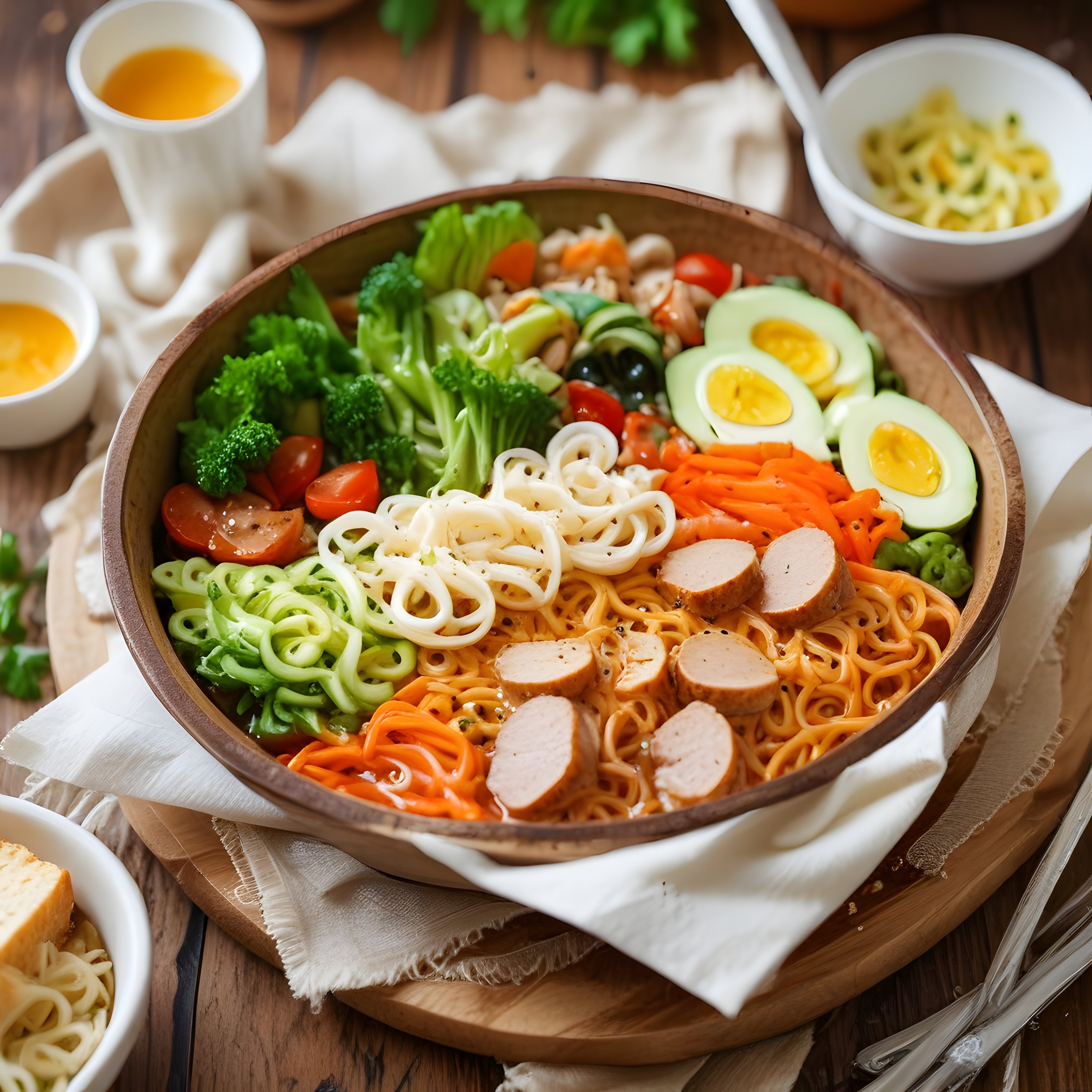 Ahşap Kasede Sosisli Yumurtalı Makarna Salatası ve Taze Sebzeler