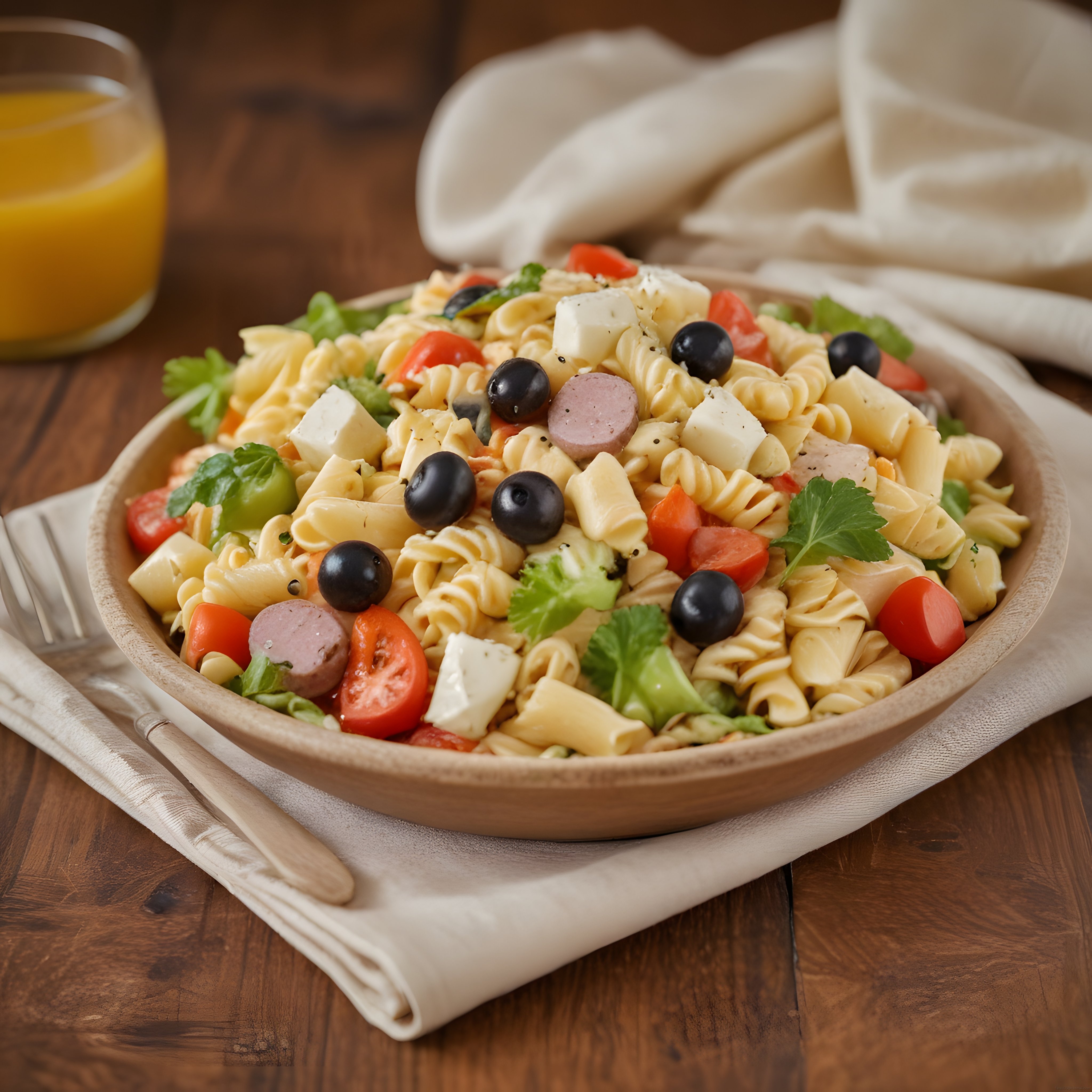 Ahşap Kasede Sosisli Zeytinli Peynirli Makarna Salatası ve Portakal Suyu