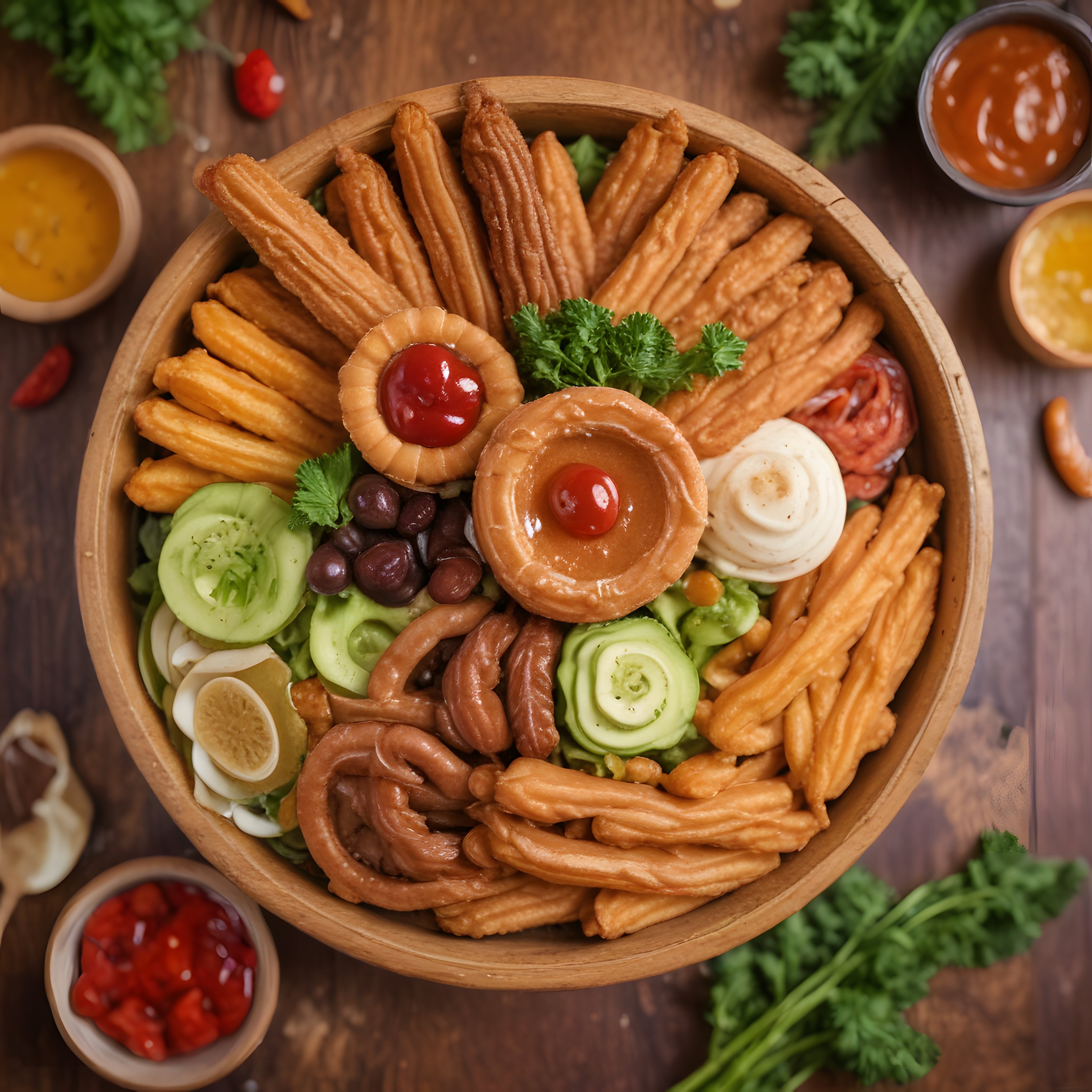 Ahşap Kasede Soslar ve Sebzelerle Süslenmiş Çıtır Churros Lezzet Şöleni