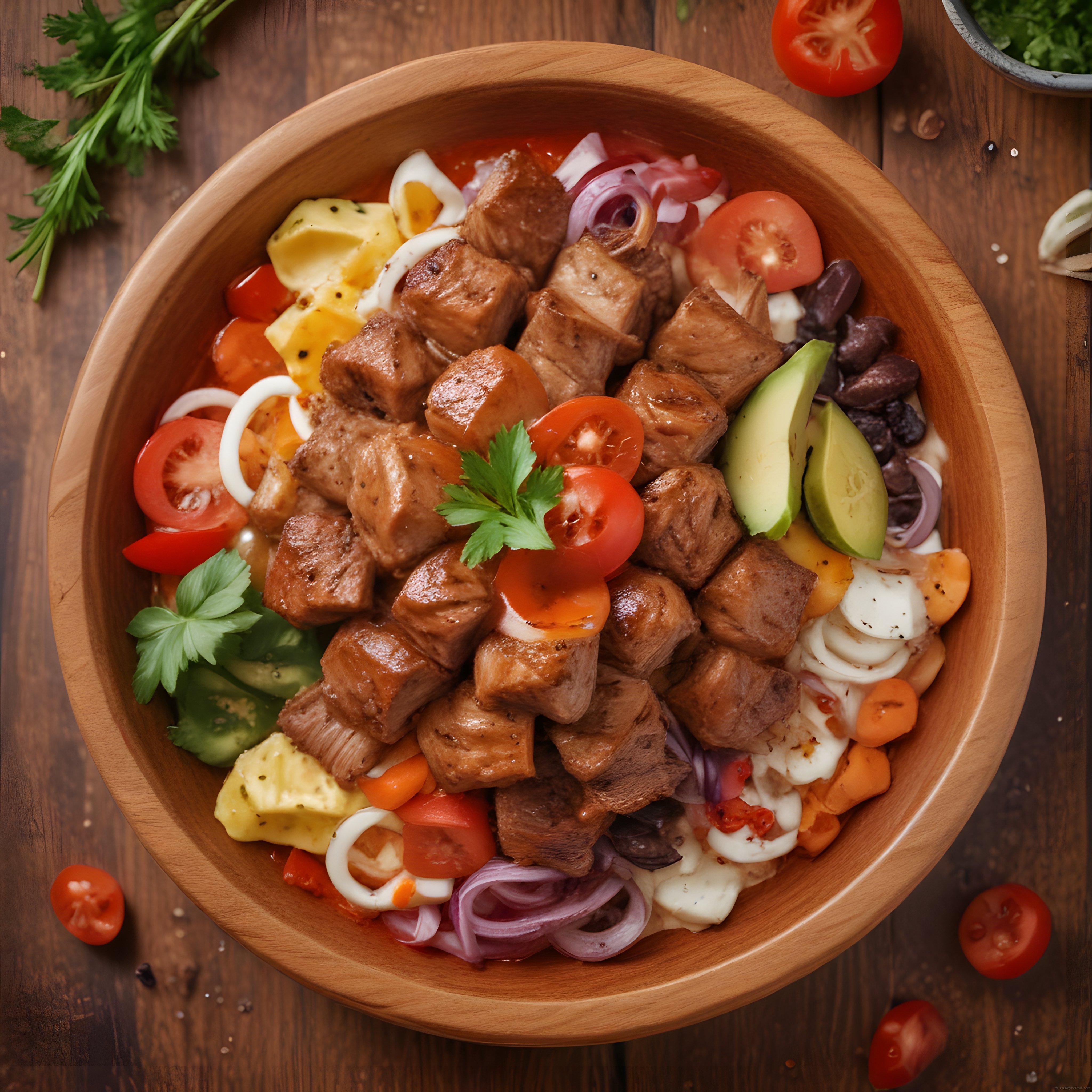 Ahşap kasede sote et parçaları, avokado ve yumurtalı renkli sağlıklı bowl tabağı