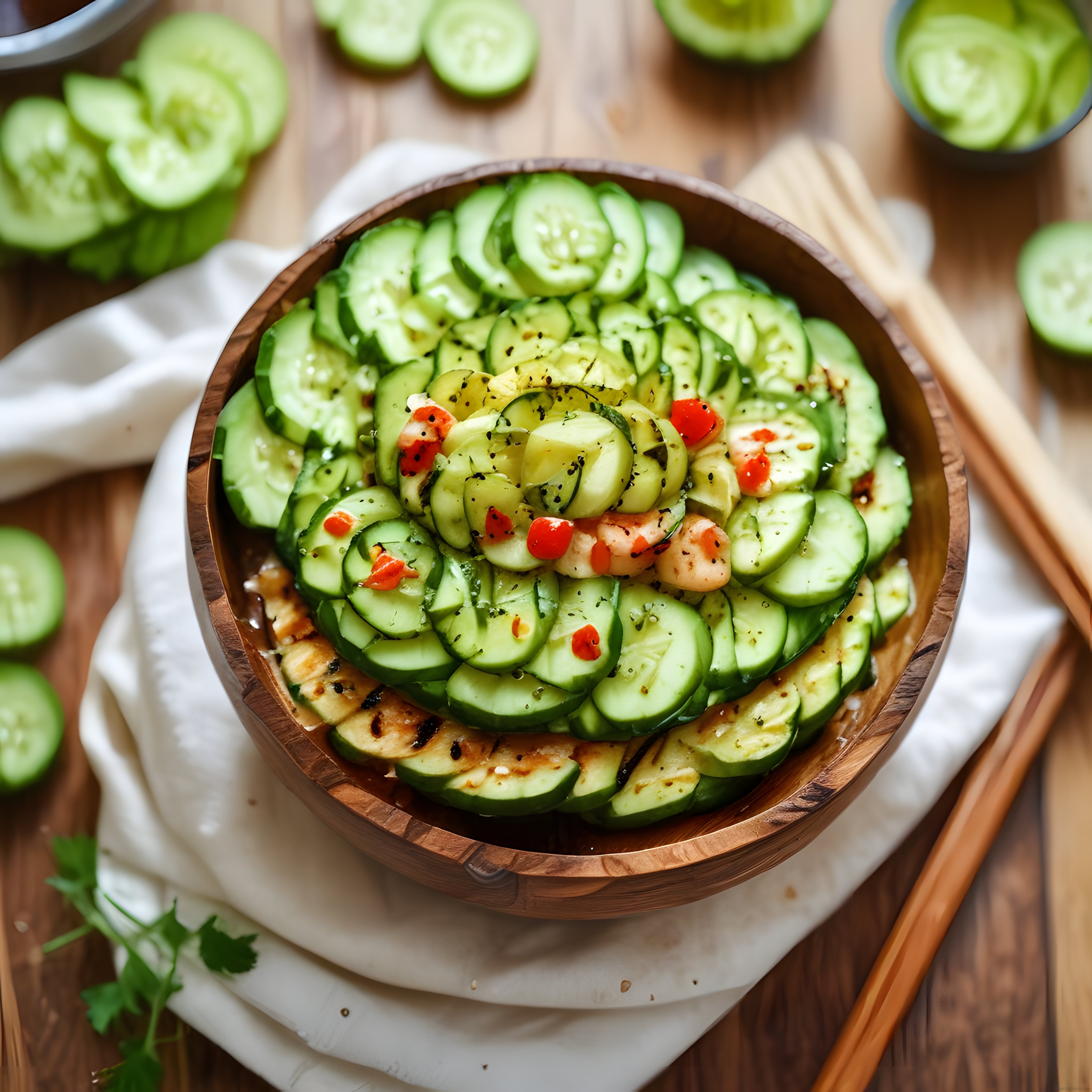 Ahşap kasede spiral salatalık salatası; taze, hafif ve renkli bir tarif