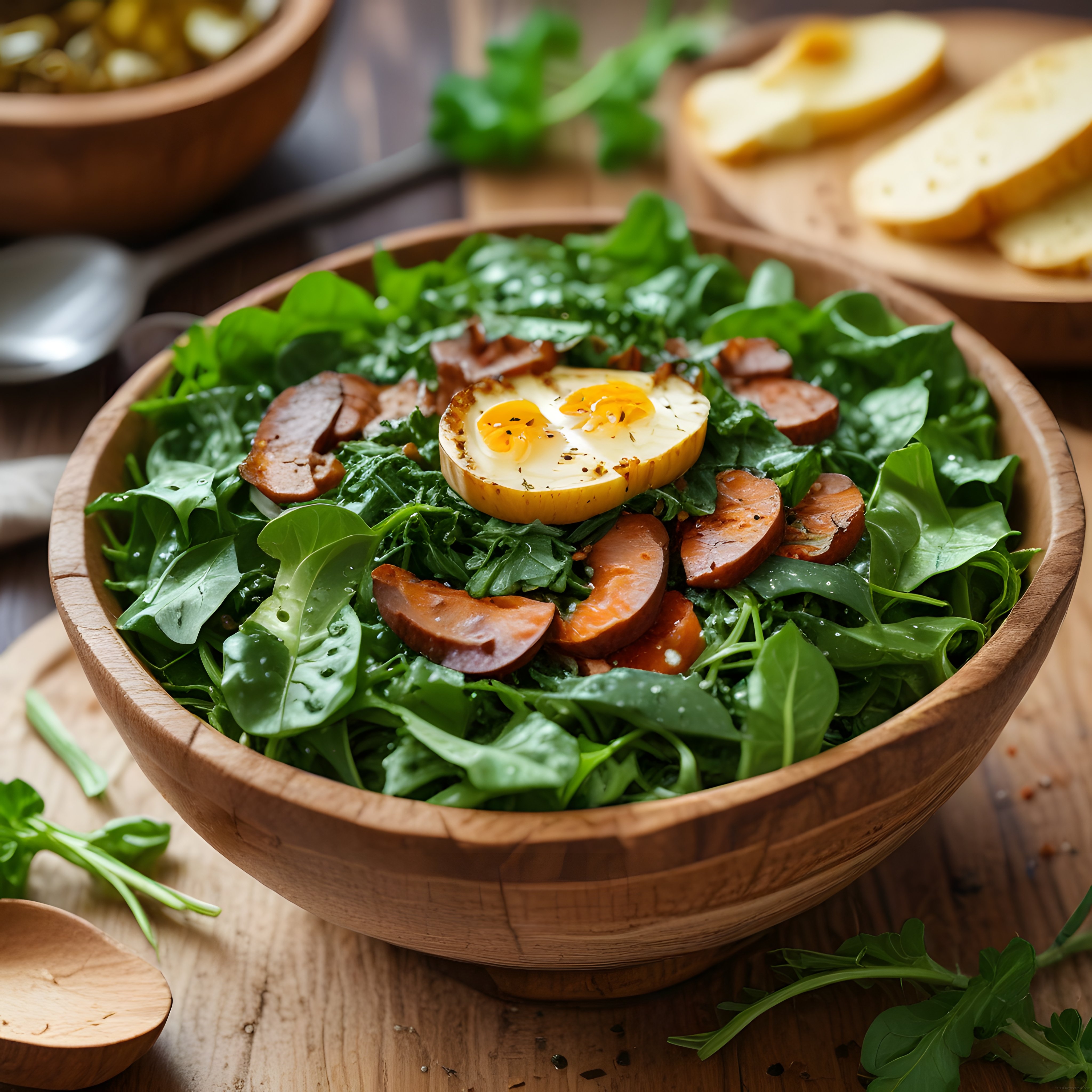 Ahşap Kasede Sucuklu ve Haşlanmış Yumurtalı Yeşillik Salatası Tarifi