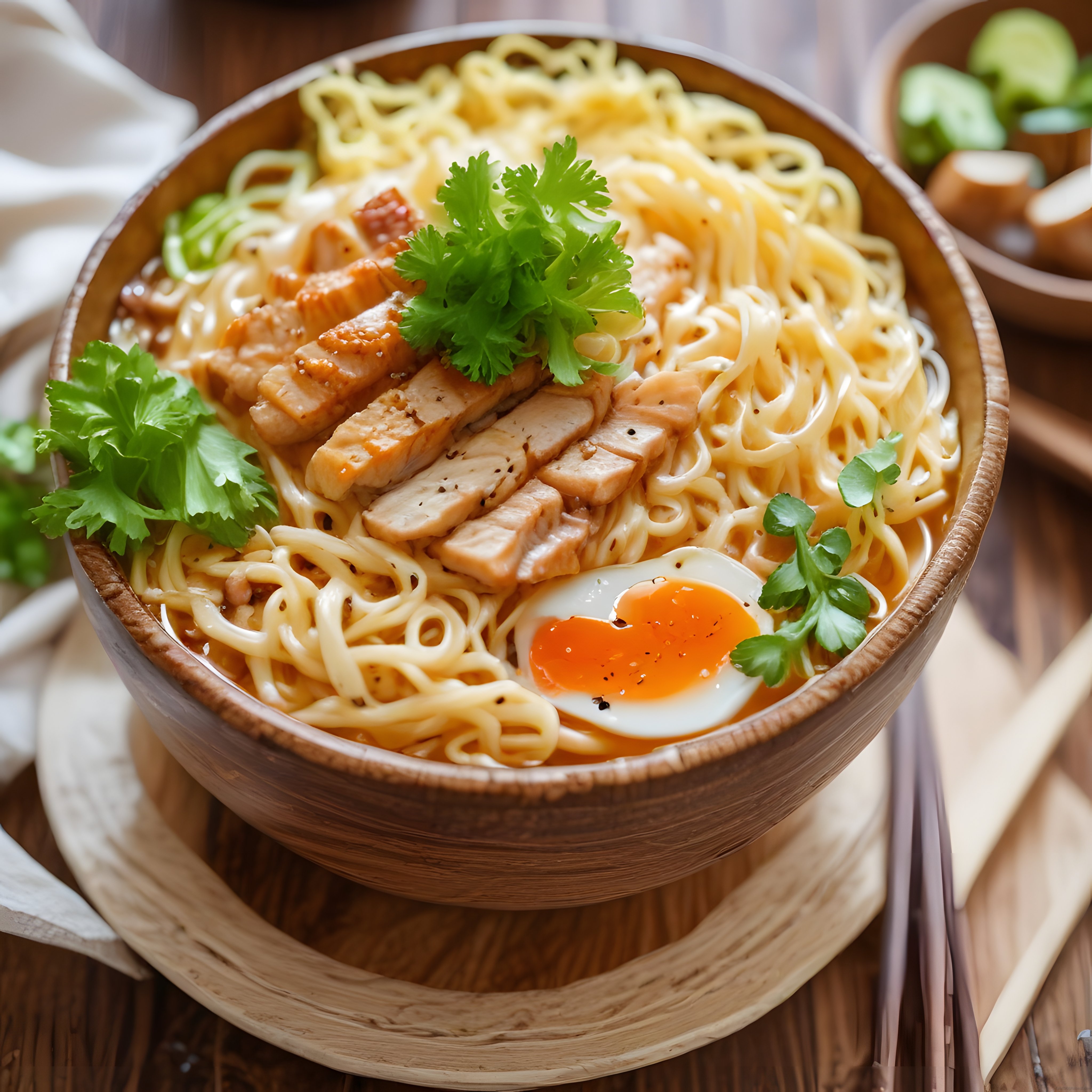 Ahşap Kasede Sulu Noodle: Tavuklu Ramen ve Yarım Pişmiş Yumurta ile Asya Lezzeti