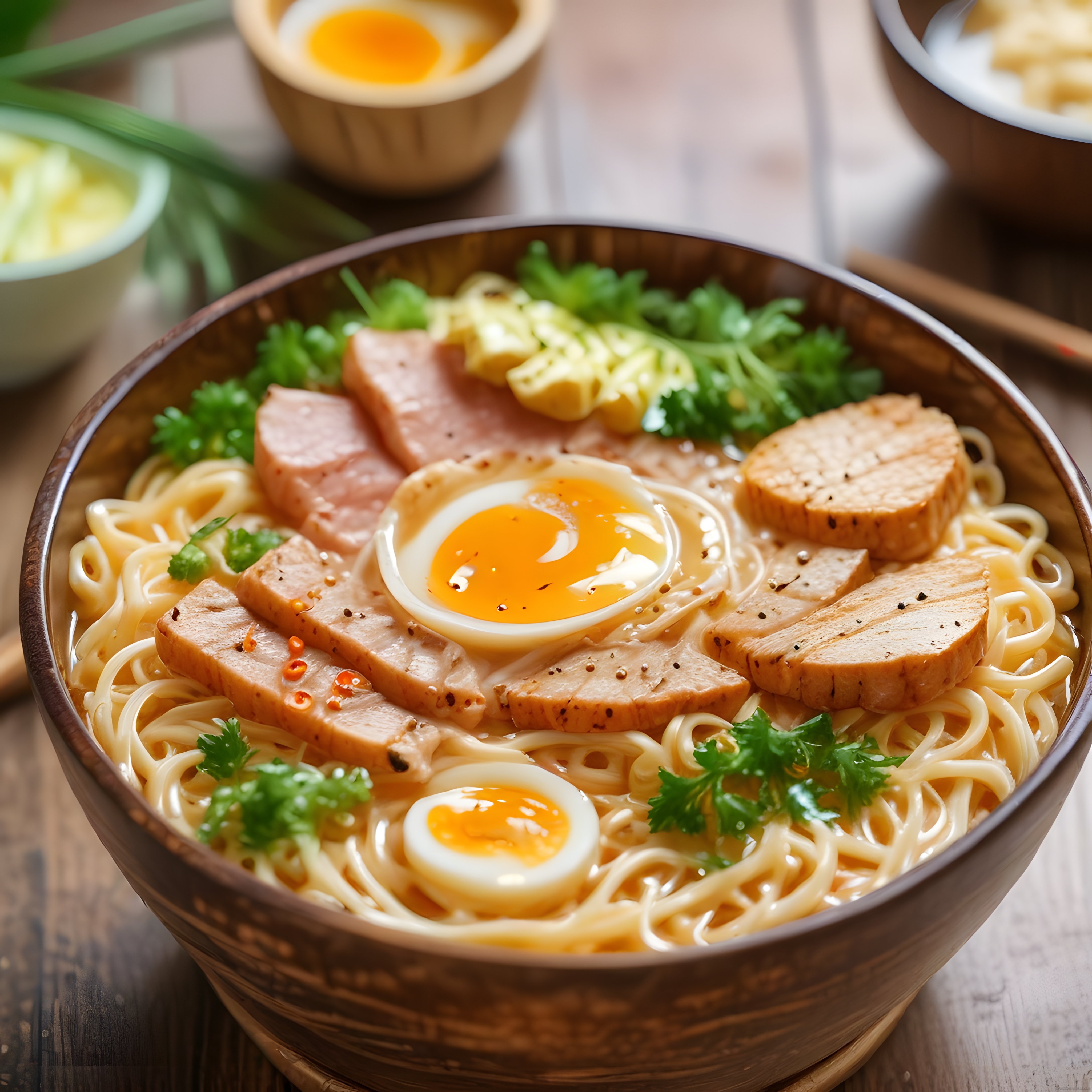 Ahşap kâsede sunulan taze sebzeli ve yumurtalı noodle çorbası yakın çekim görseli
