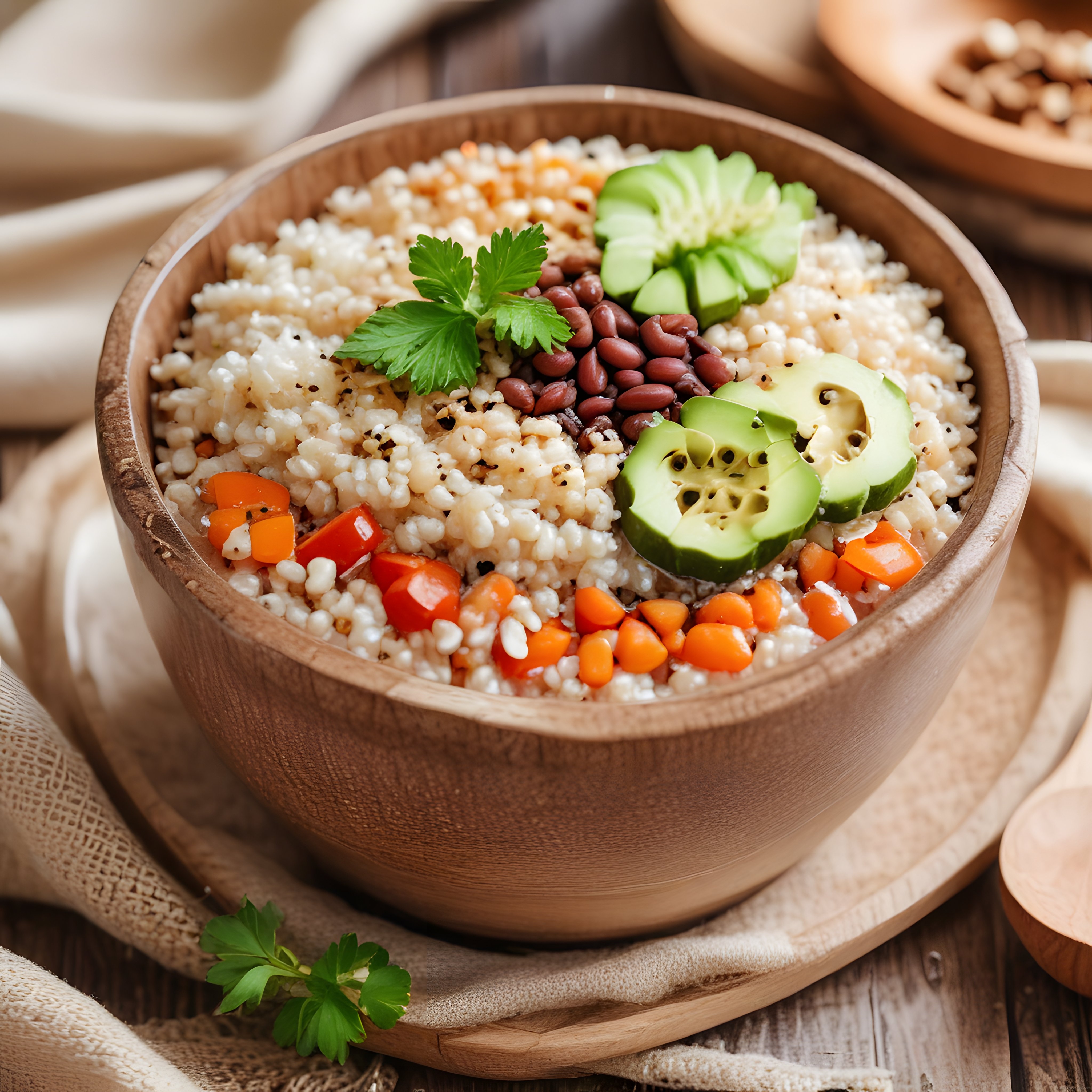 Ahşap Kasede Tahıllı Avokadolu ve Sebzeli Vegan Beslenme Kasesi