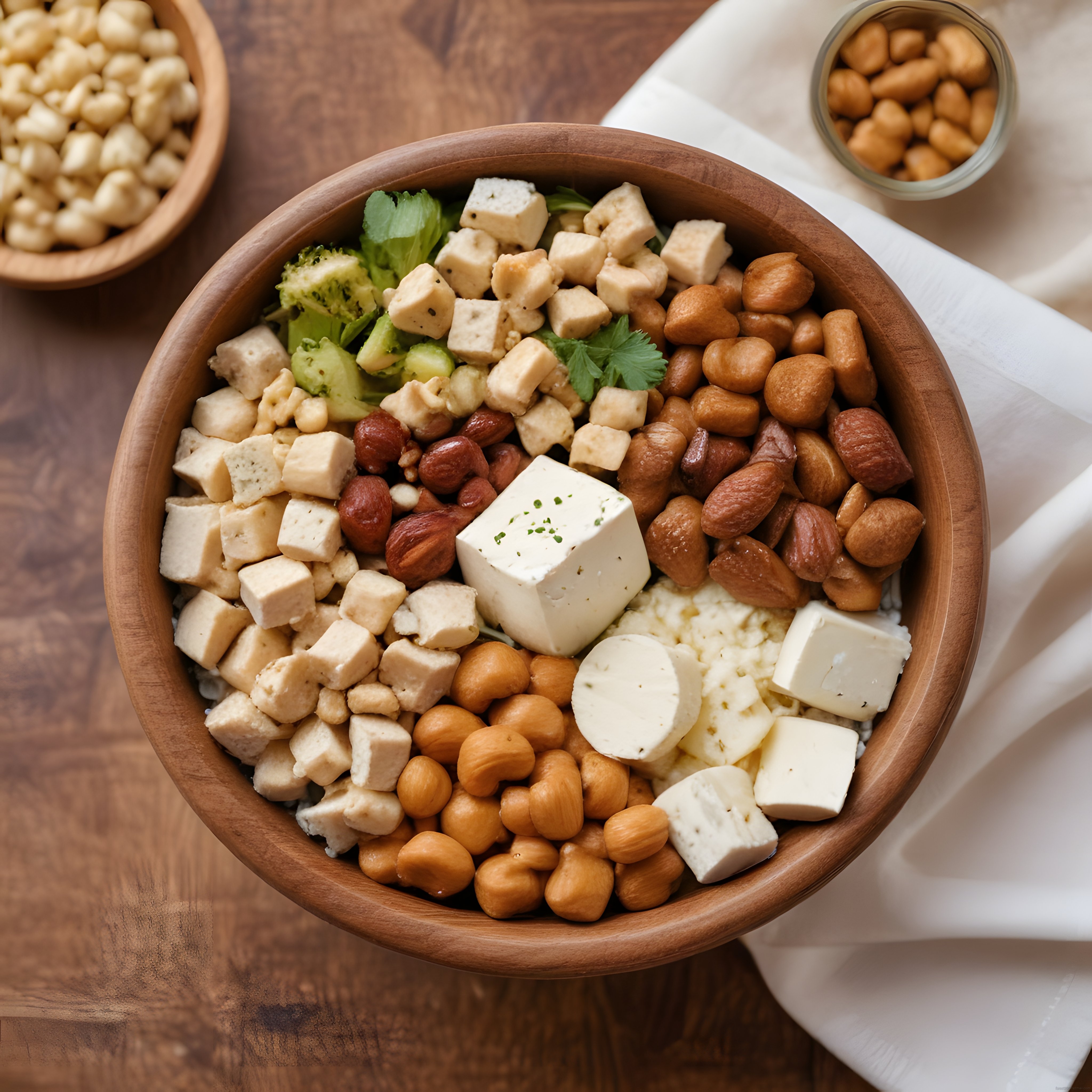 Ahşap kasede tavuk nohut fındık ve peynirli sağlıklı protein kasesi