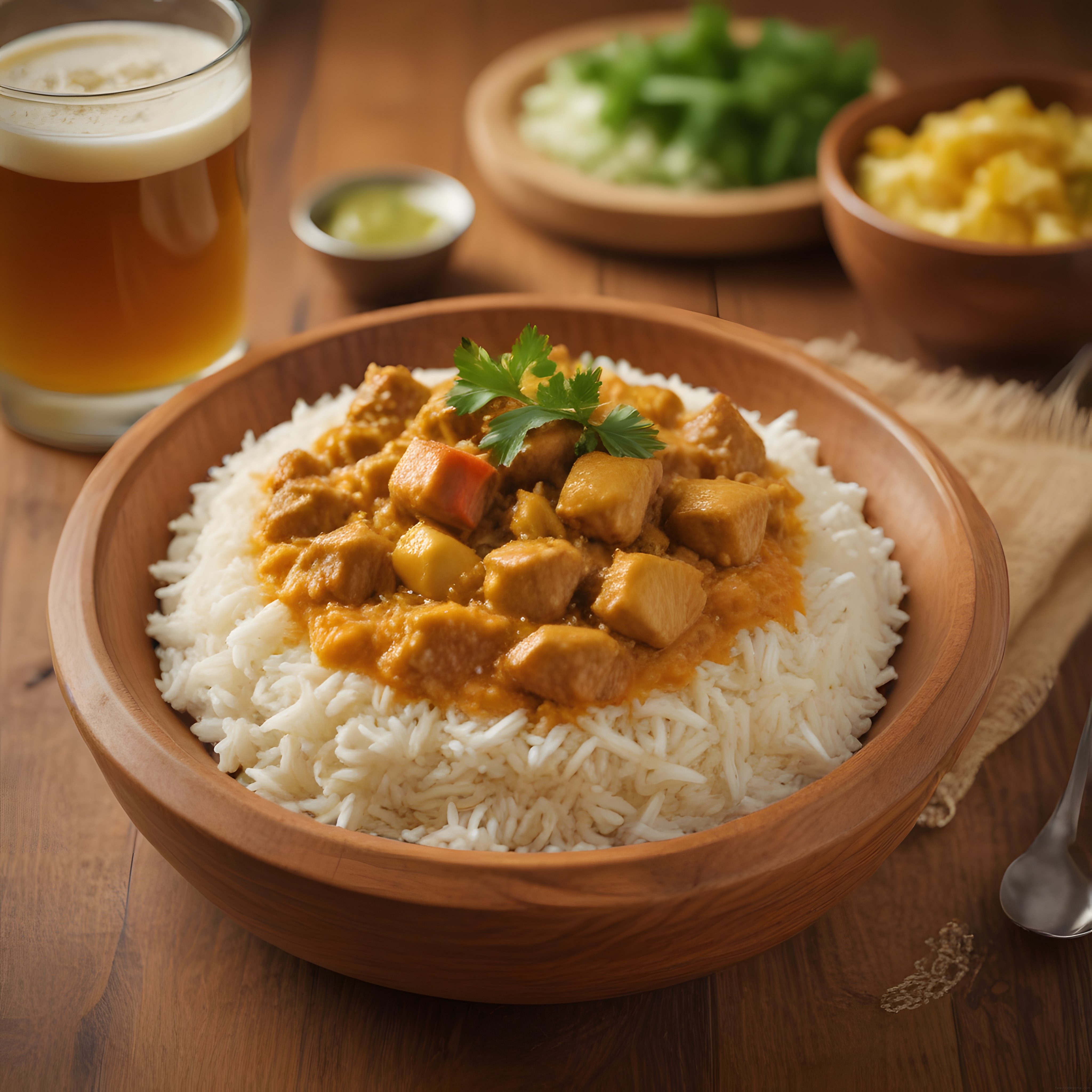 Ahşap Kasede Tavuklu Curry ve Pilav: Köpüklü İçecek Eşliğinde Sıcak Sunum