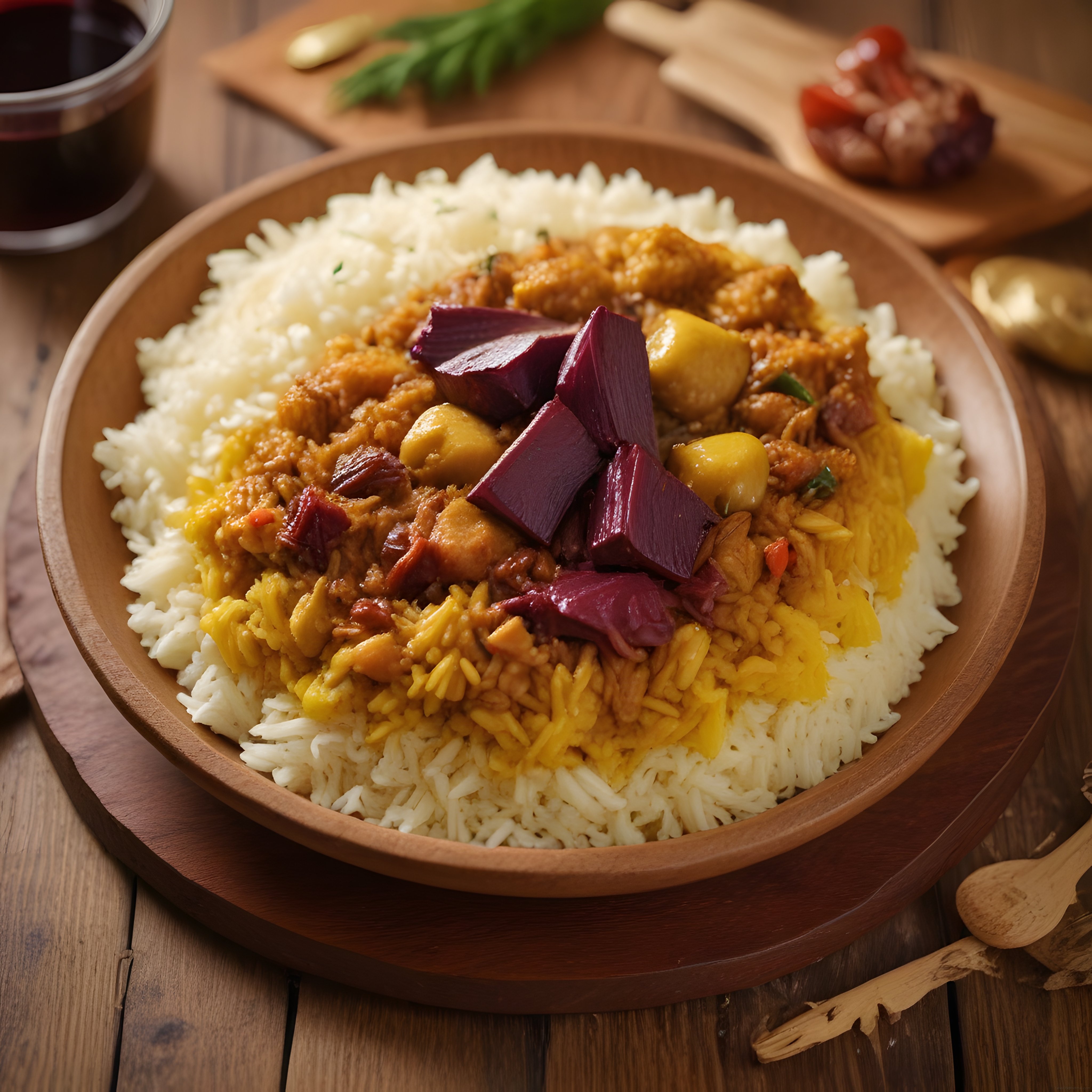 Ahşap Kasede Tavuklu Nohutlu Köri Soslu Pilav ve Pancar Dilimleri