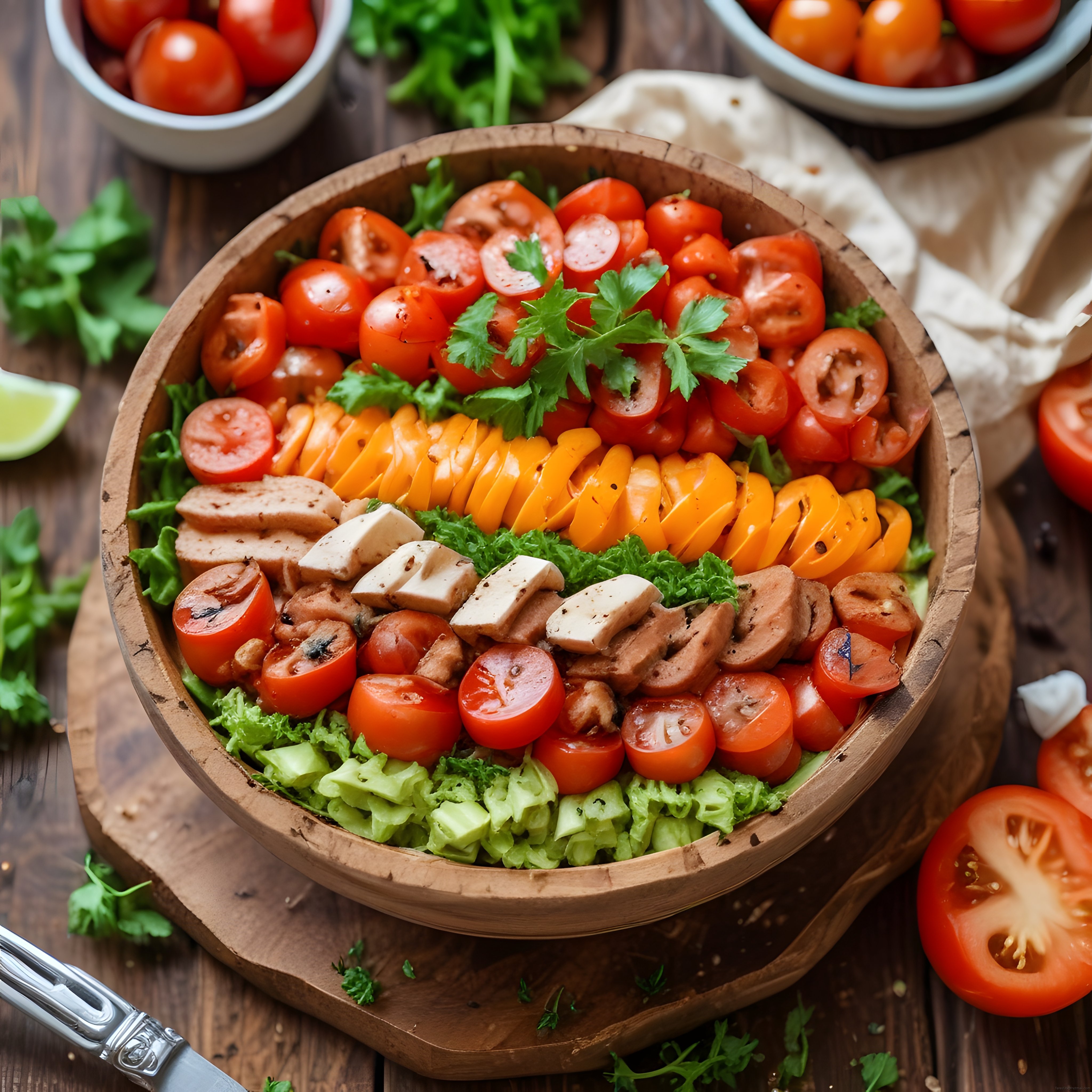 Ahşap Kasede Tavuklu Renkli Sebzeler ve Taze Yeşillik Salatası