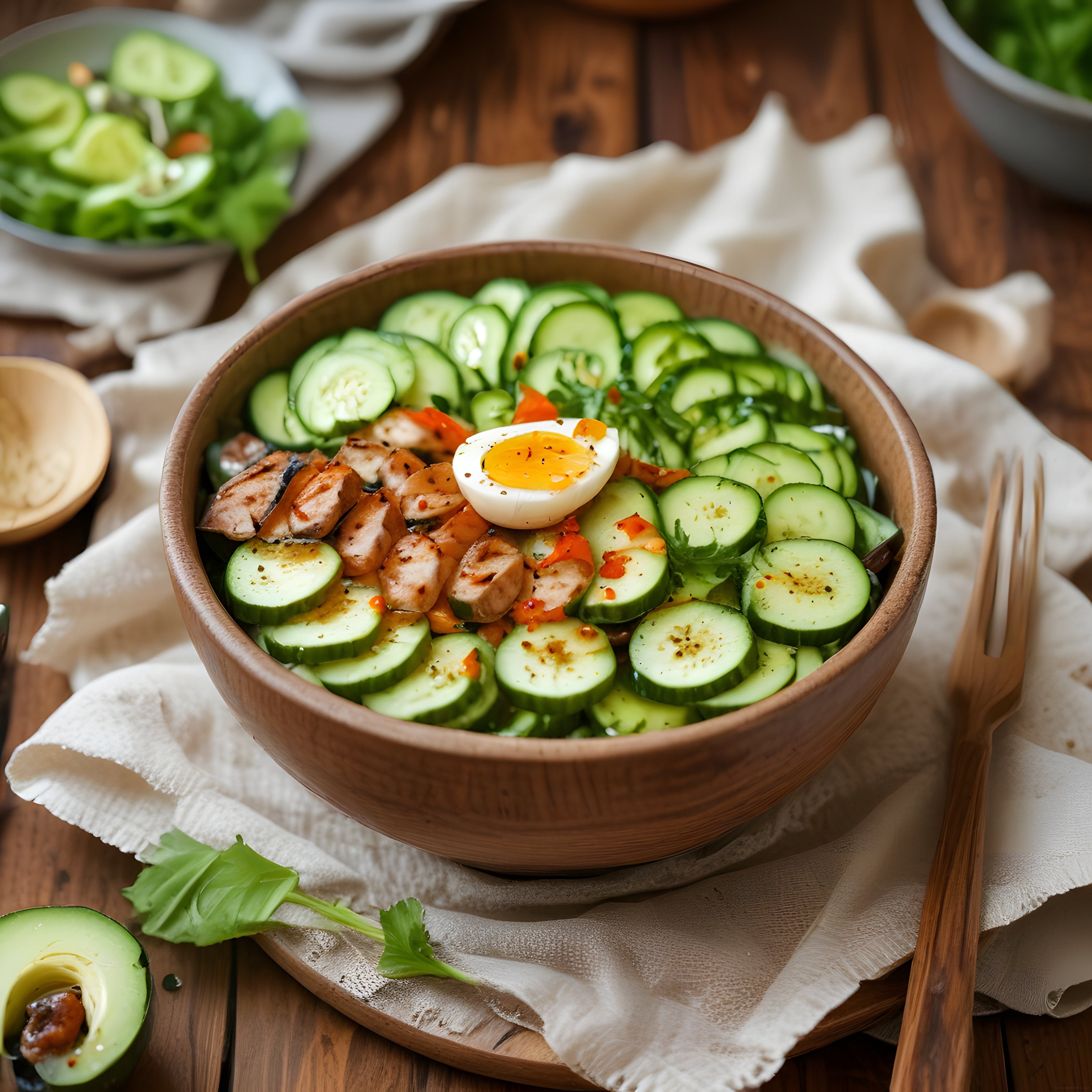 Ahşap Kasede Tavuklu Salatalık Salatası ve Haşlanmış Yumurta Sunumu