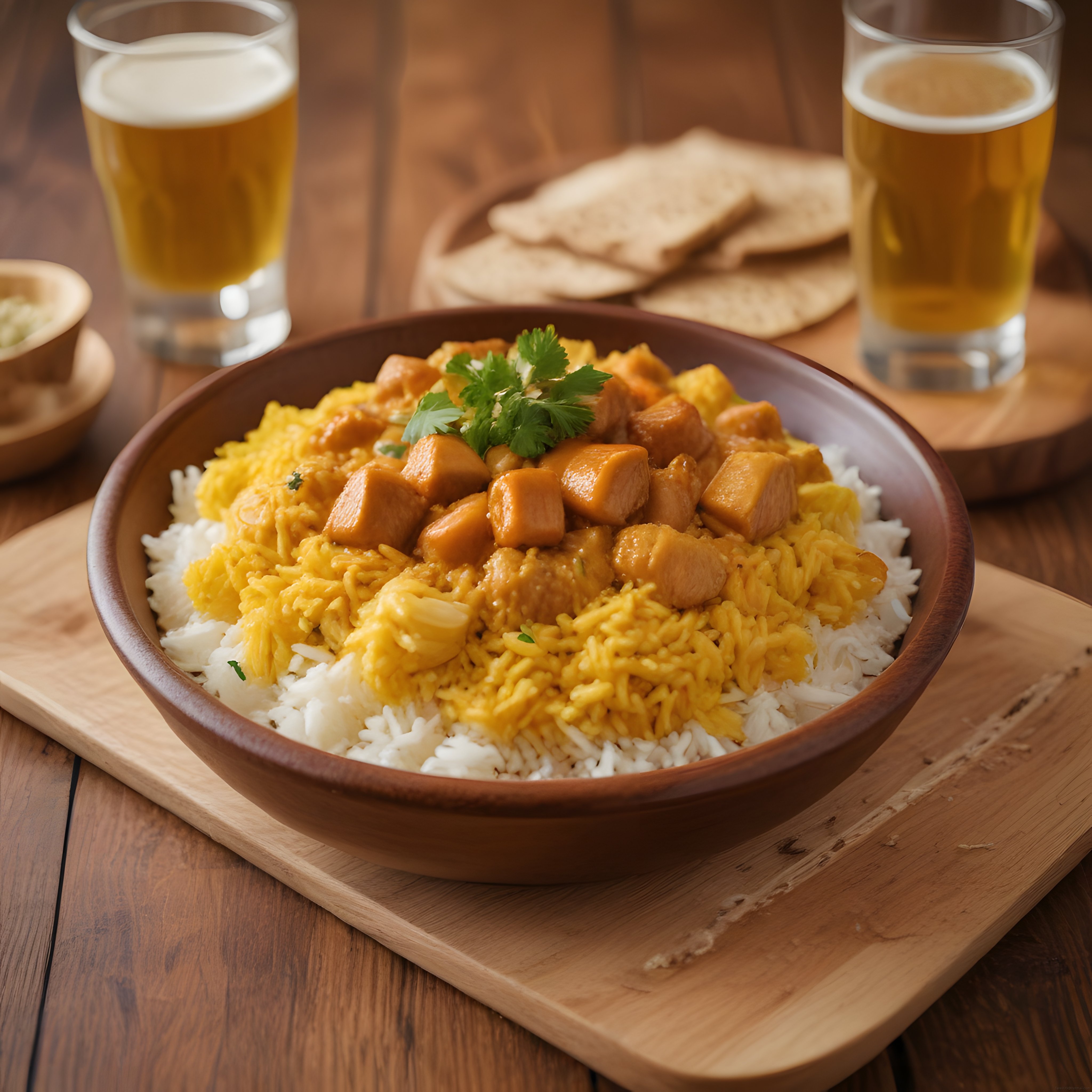 Ahşap Kasede Tavuklu Sarı Pilav ve Bira Eşliğinde Nefis Akşam Yemeği