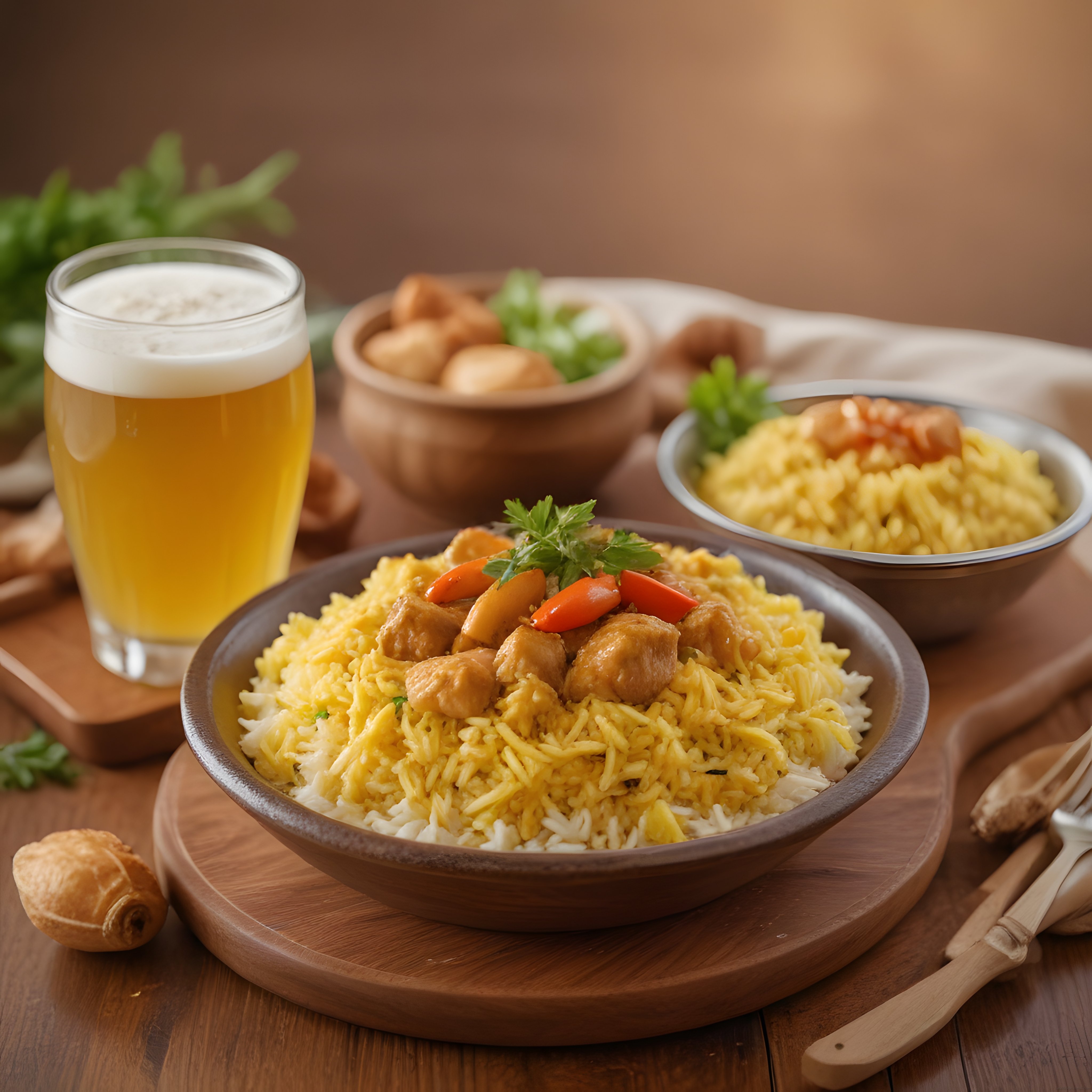 Ahşap kasede tavuklu sarı pilav ve köpüklü bira ile sıcacık sunum