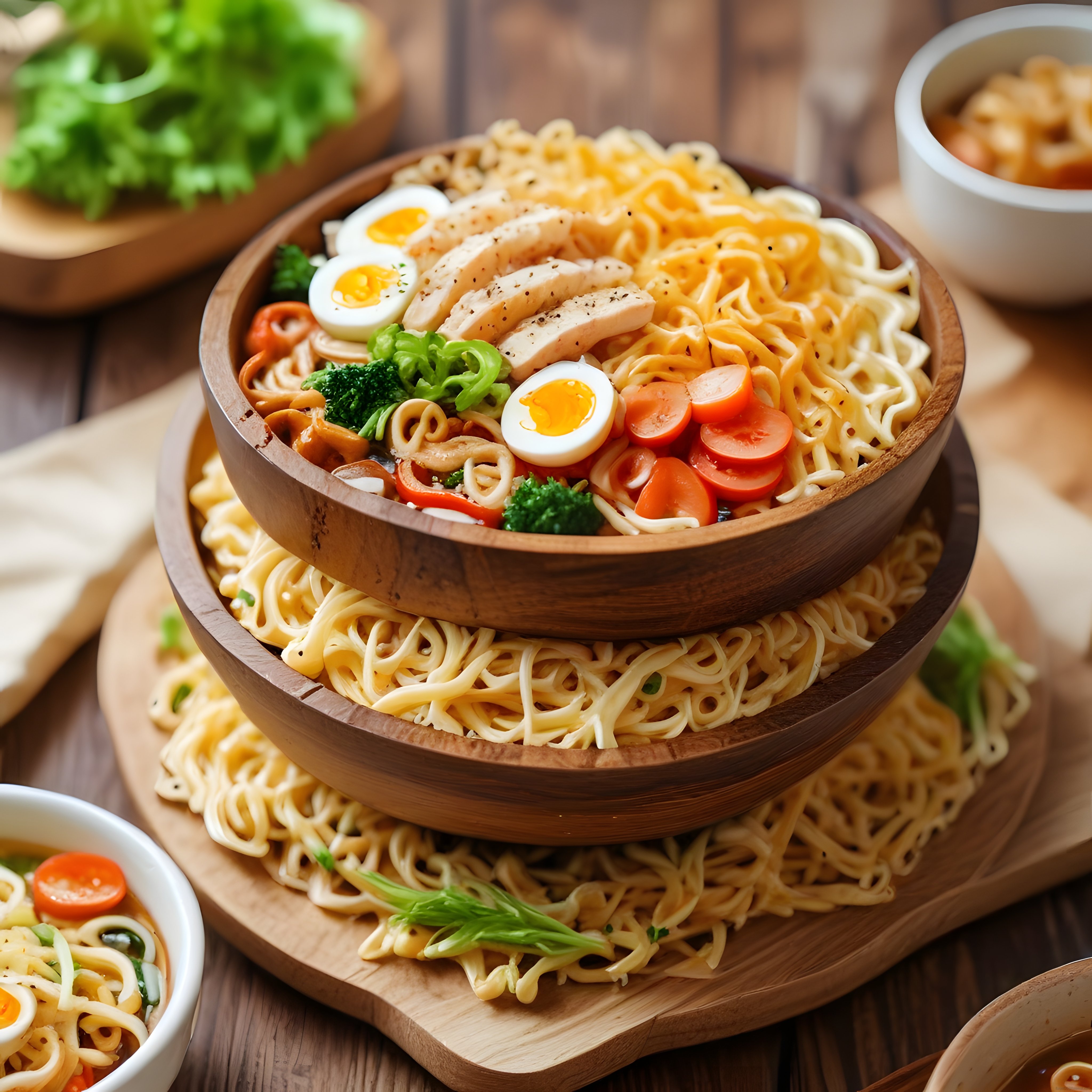 Ahşap Kasede Tavuklu Sebzeli Noodle Sunumu ile Lezzetli ve Besleyici Öğün