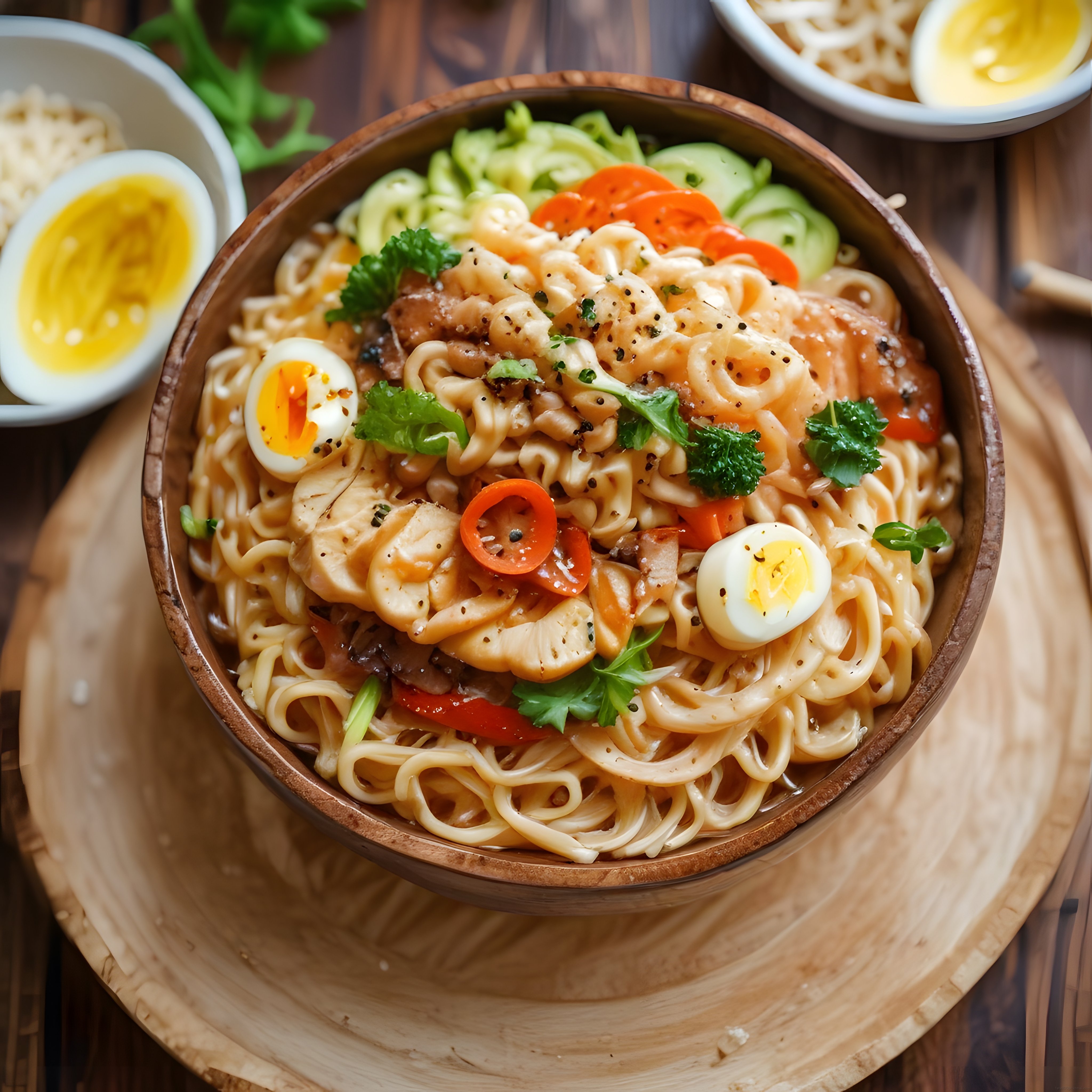 Ahşap Kasede Tavuklu Sebzeli Noodle ve Yumurtalı Asya Ramen Sunumu