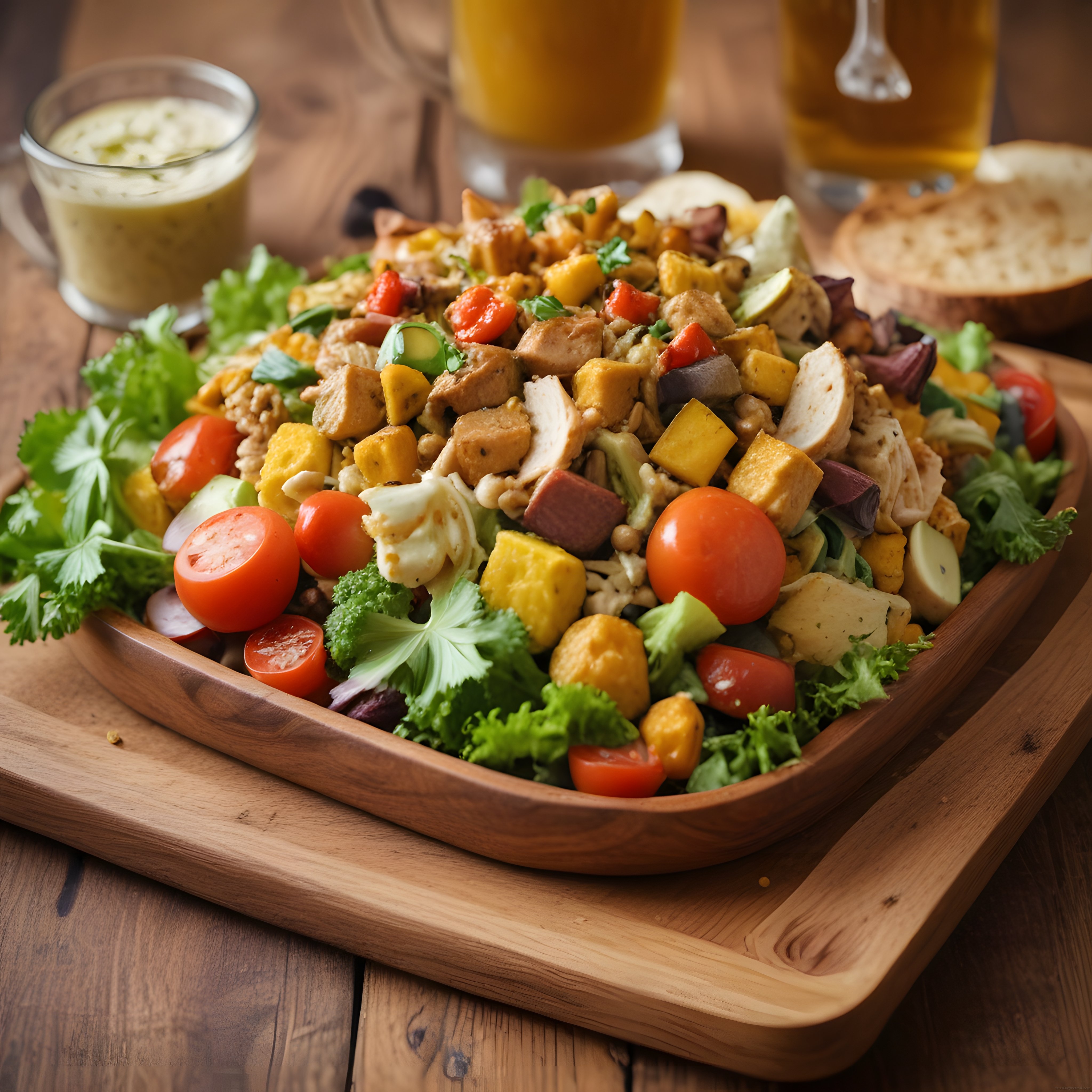 ahşap kasede tavuklu yumurtalı ve avokadolu protein dolu cobb salata tabağı