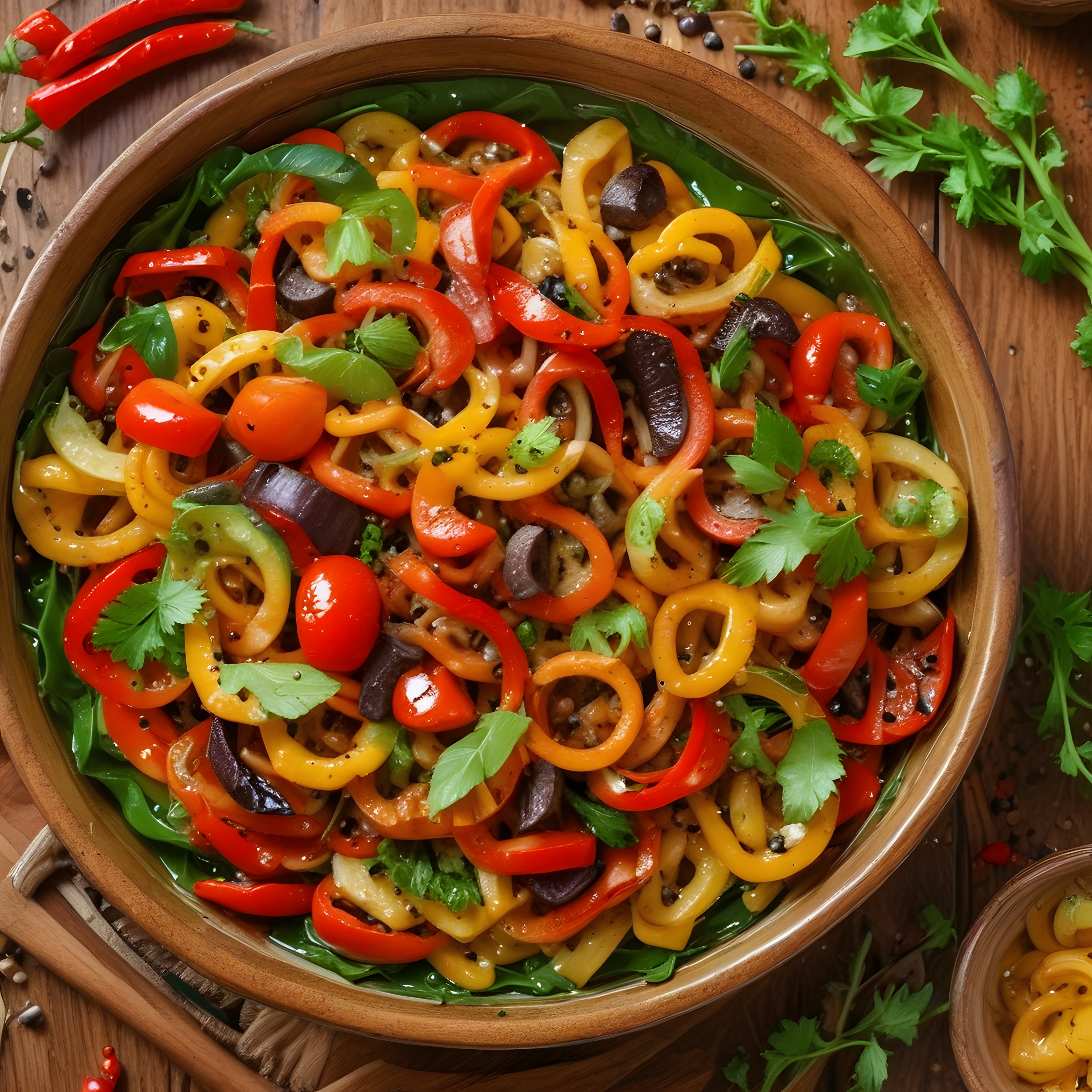 Ahşap Kasede Taze Biber, Zeytin ve Maydanozlu Renkli Makarna Salatası