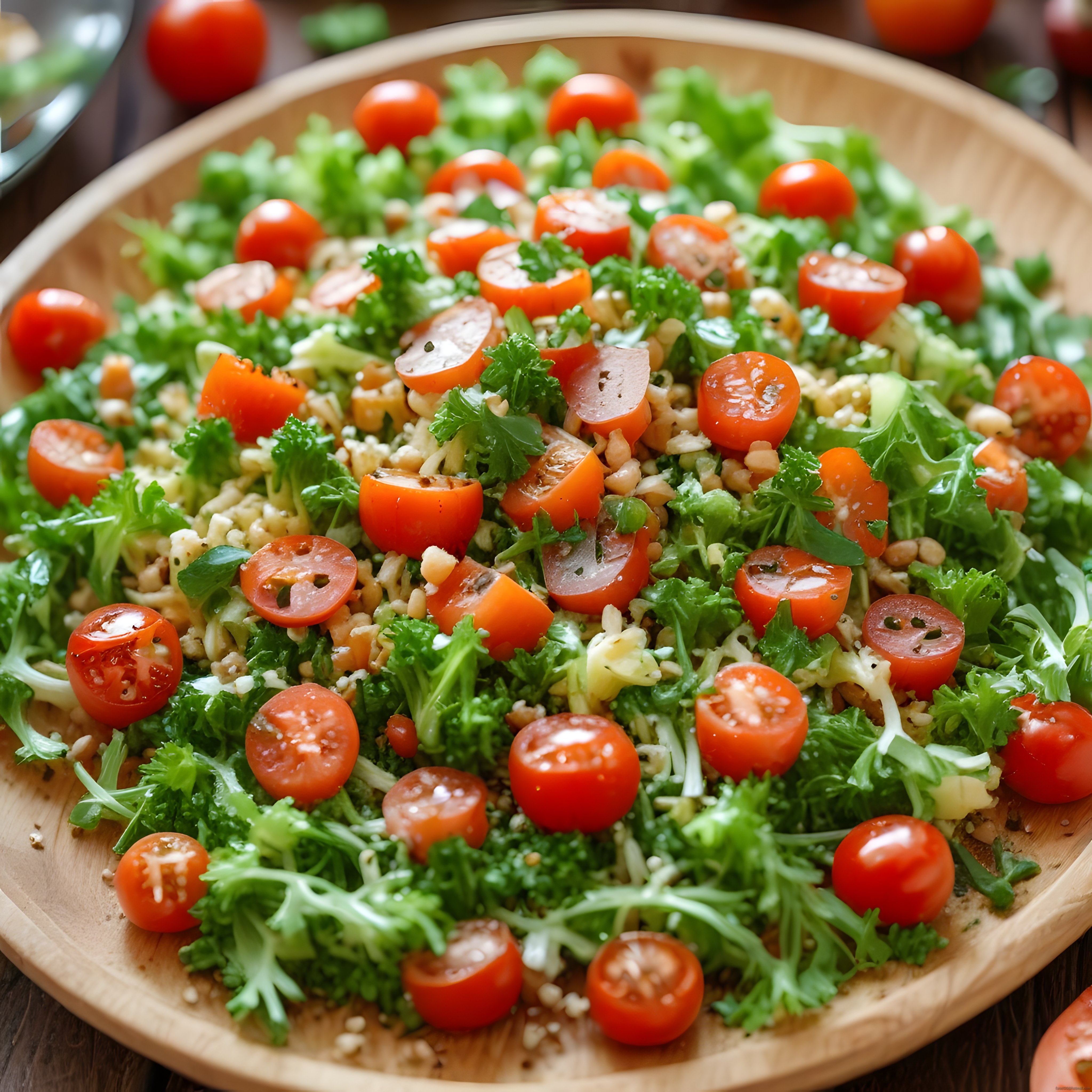Ahşap kasede taze brokoli domates ve yeşilliklerle hazırlanmış besleyici salata