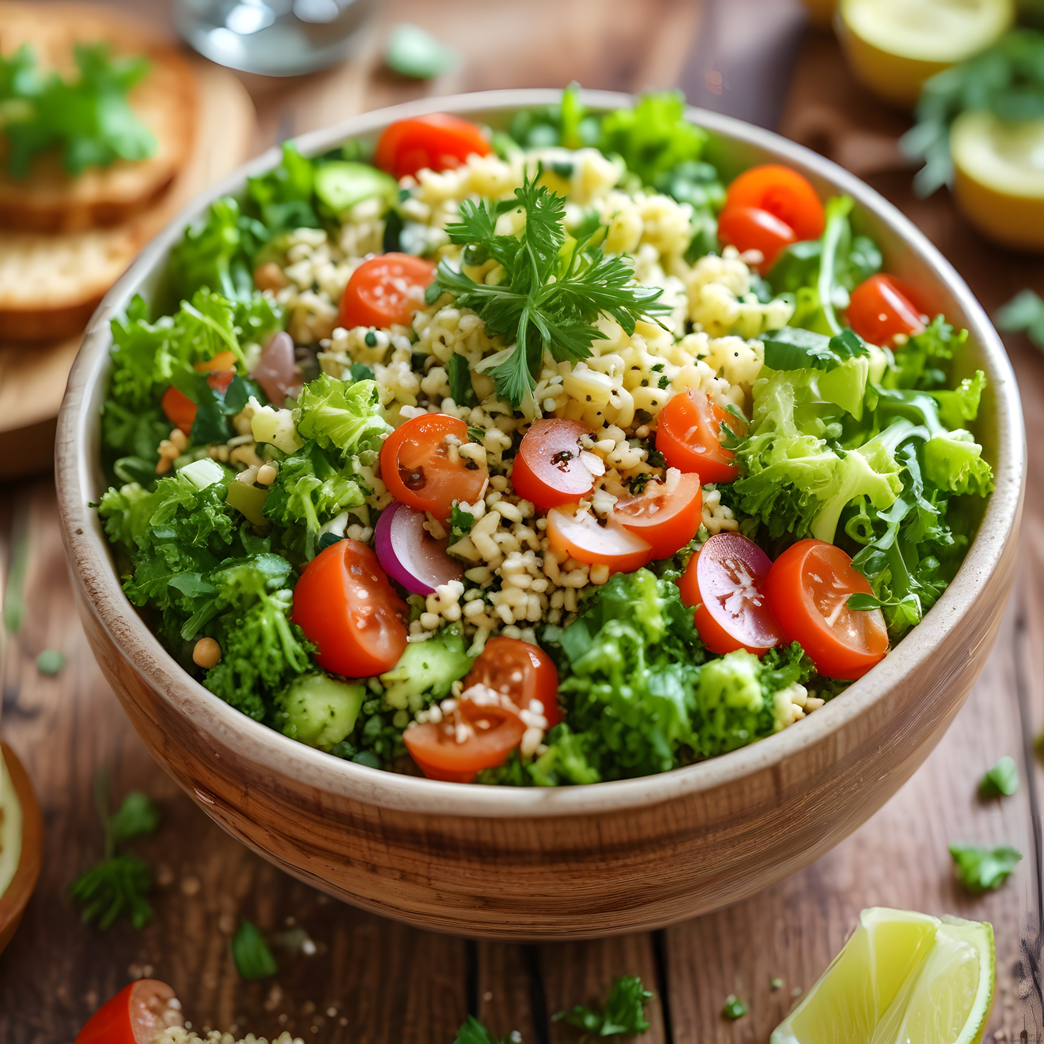 Ahşap Kasede Taze Bulgur Salatası: Sağlıklı ve Renkli Öğle Yemeği Önerisi