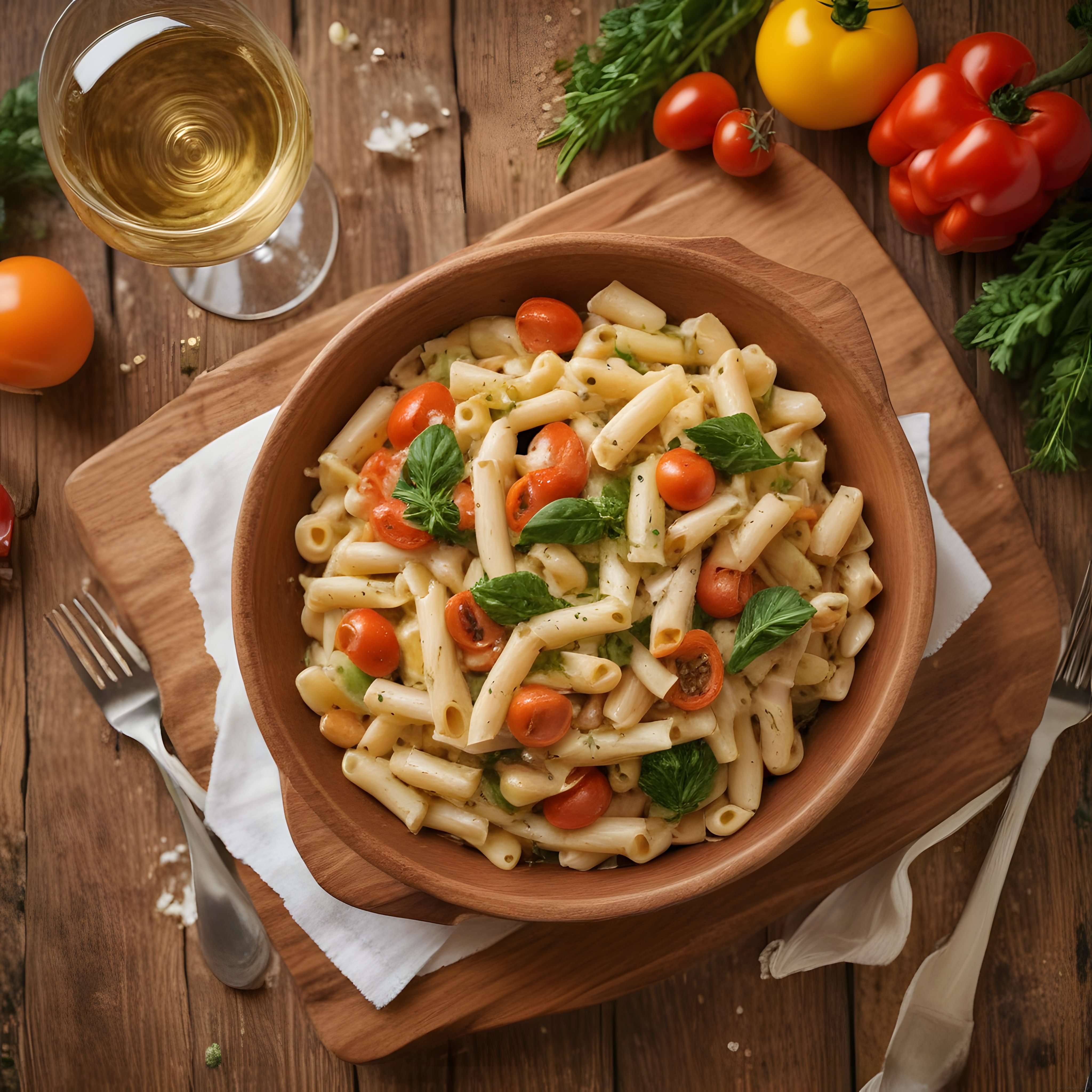 Ahşap Kasede Taze Domates ve Fesleğenli Penne Makarna Sunumu