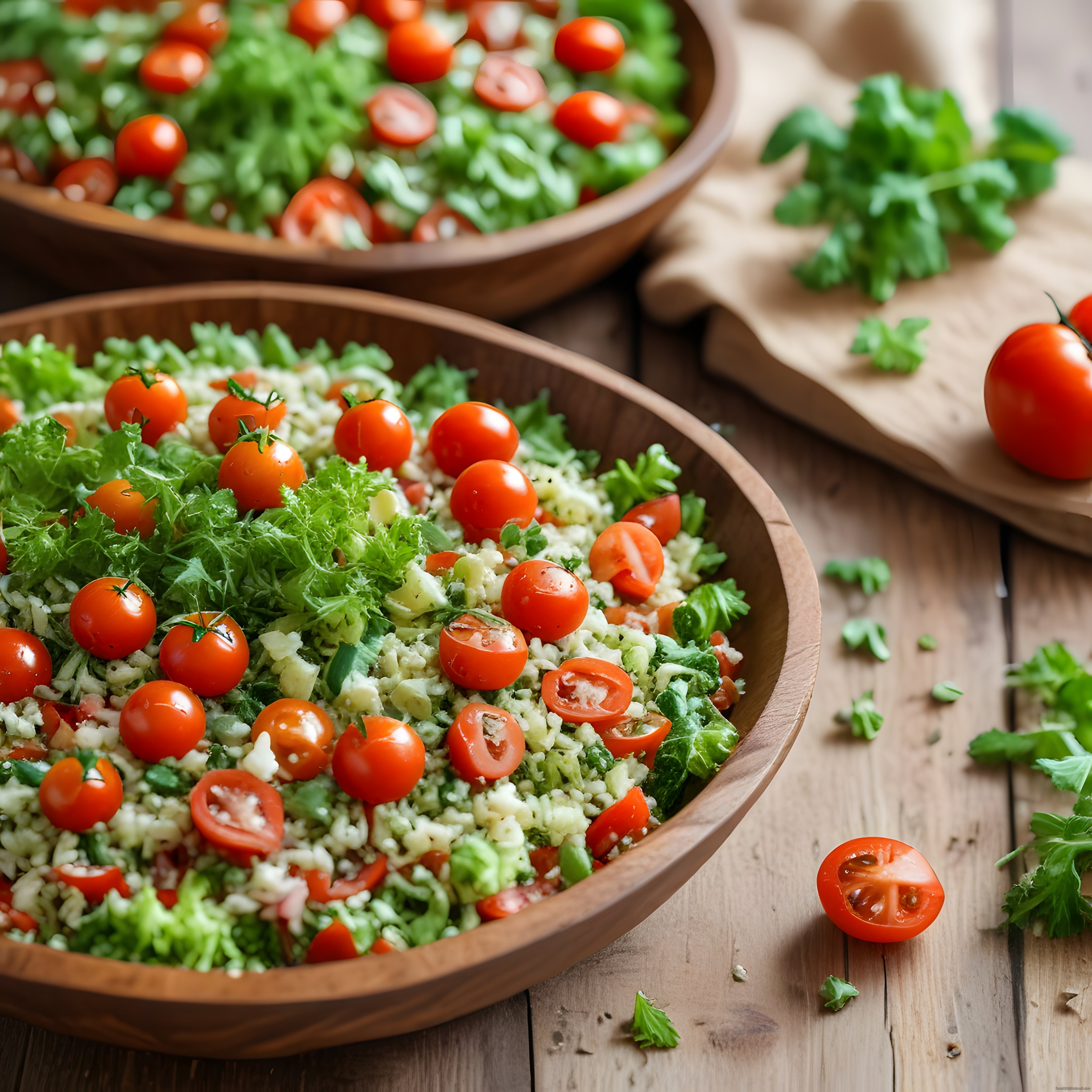 Ahşap Kasede Taze Domates ve Yeşillikli Sağlıklı Salata Sunumu