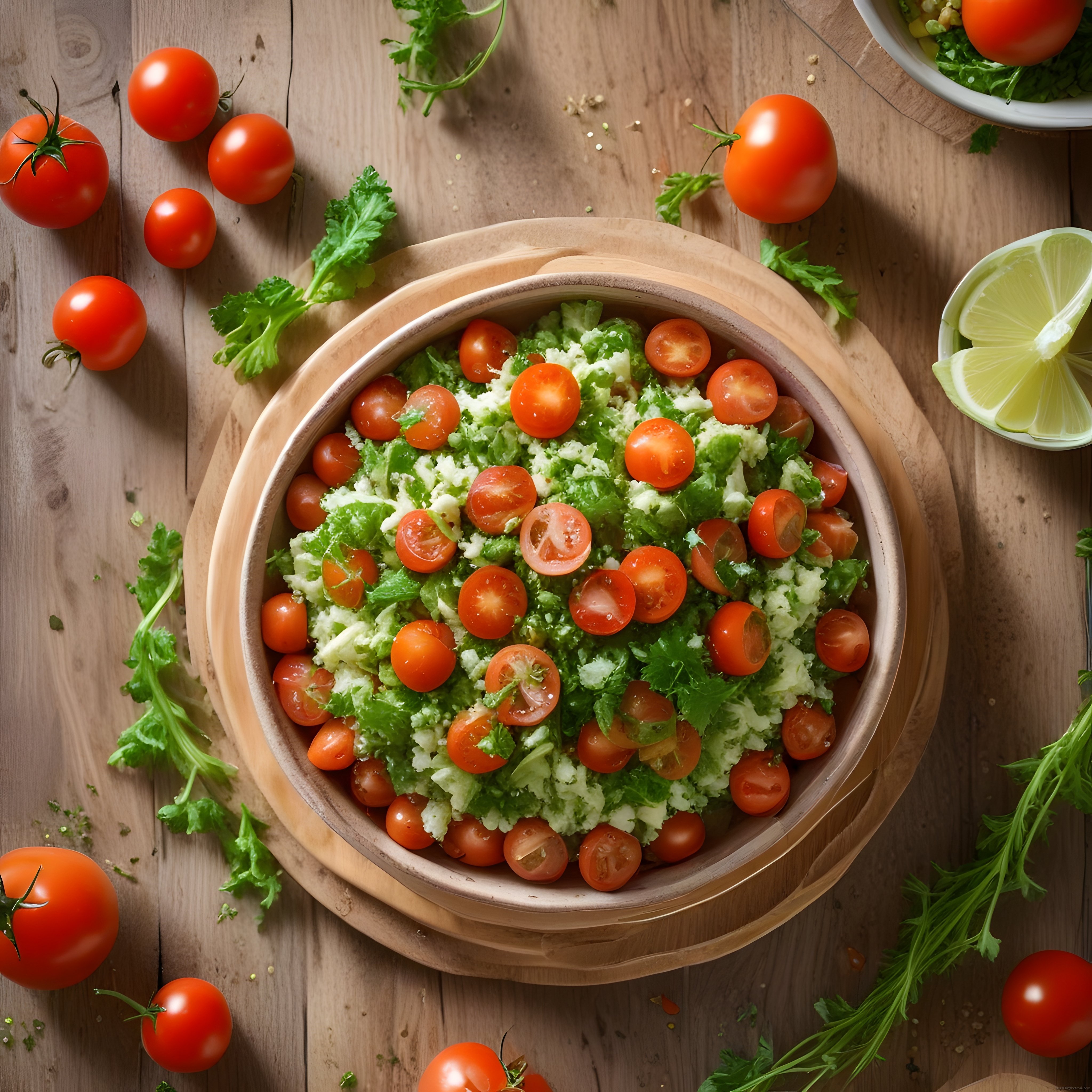 Ahşap kâsede taze domatesli avokado salatası ve renkli sunum detayları