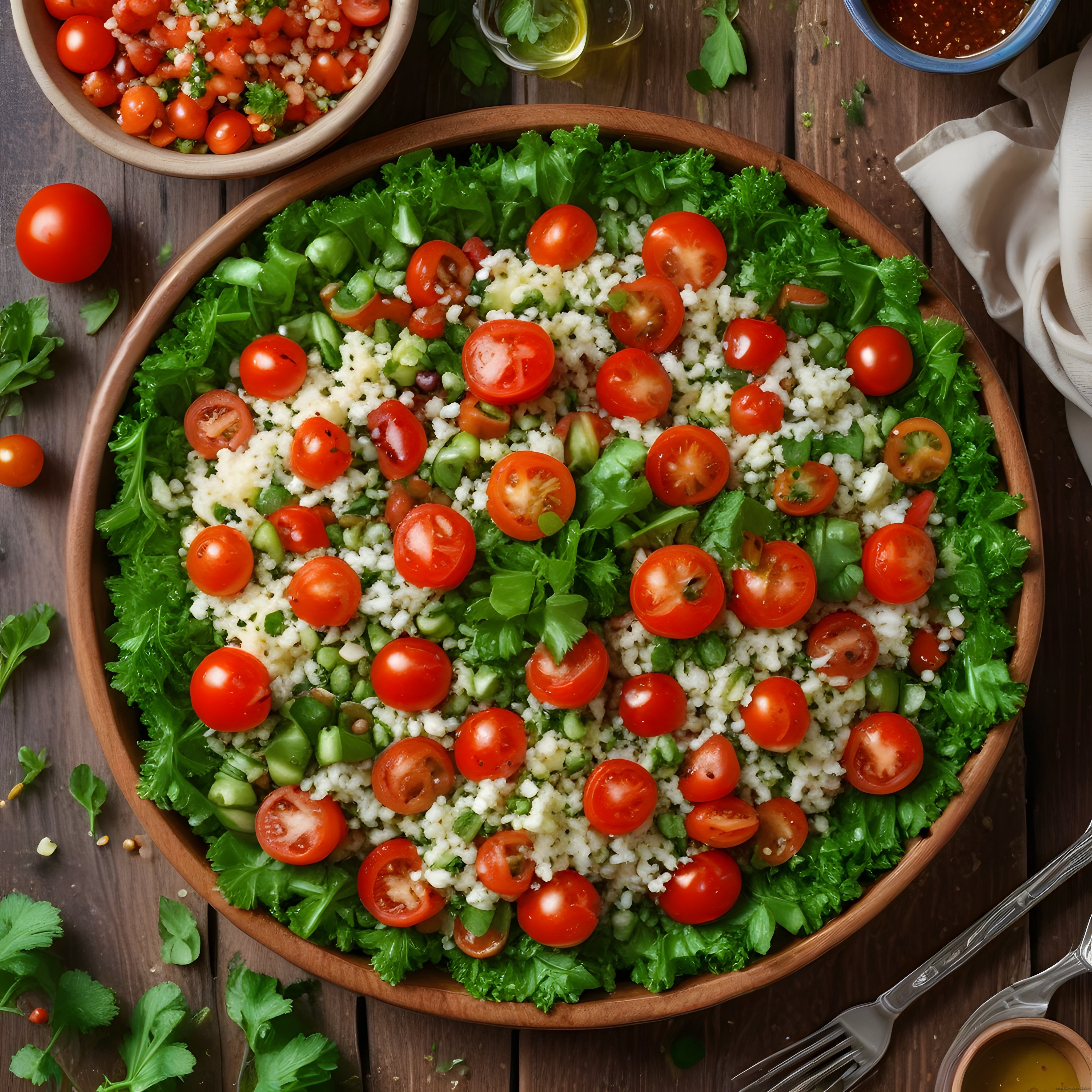 Ahşap kasede taze domatesli bulgur salatası, sağlıklı ve renkli yaz lezzeti