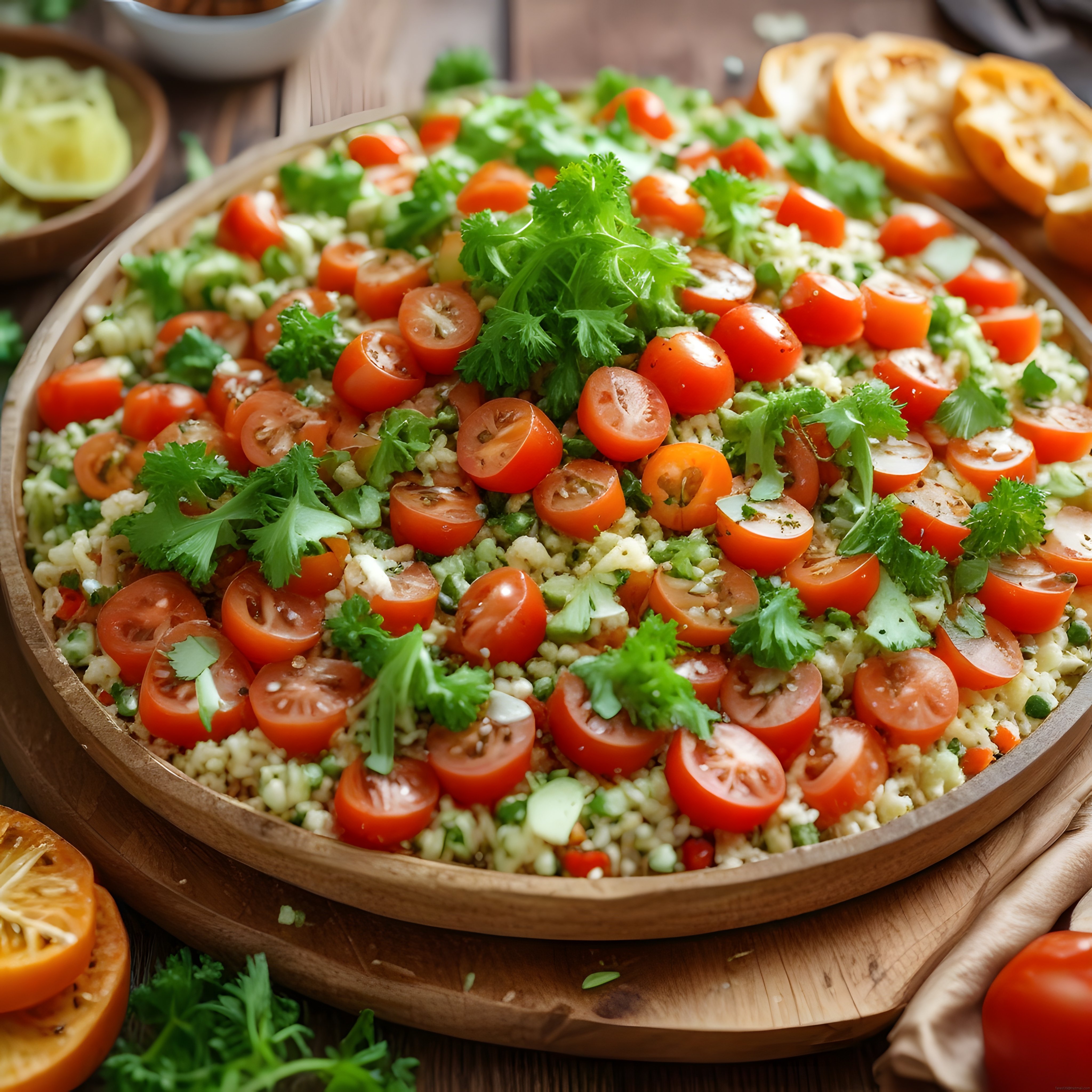 Ahşap Kasede Taze Domatesli Kuskus Salatası ve Sıcak Yaz Sofrası Atmosferi
