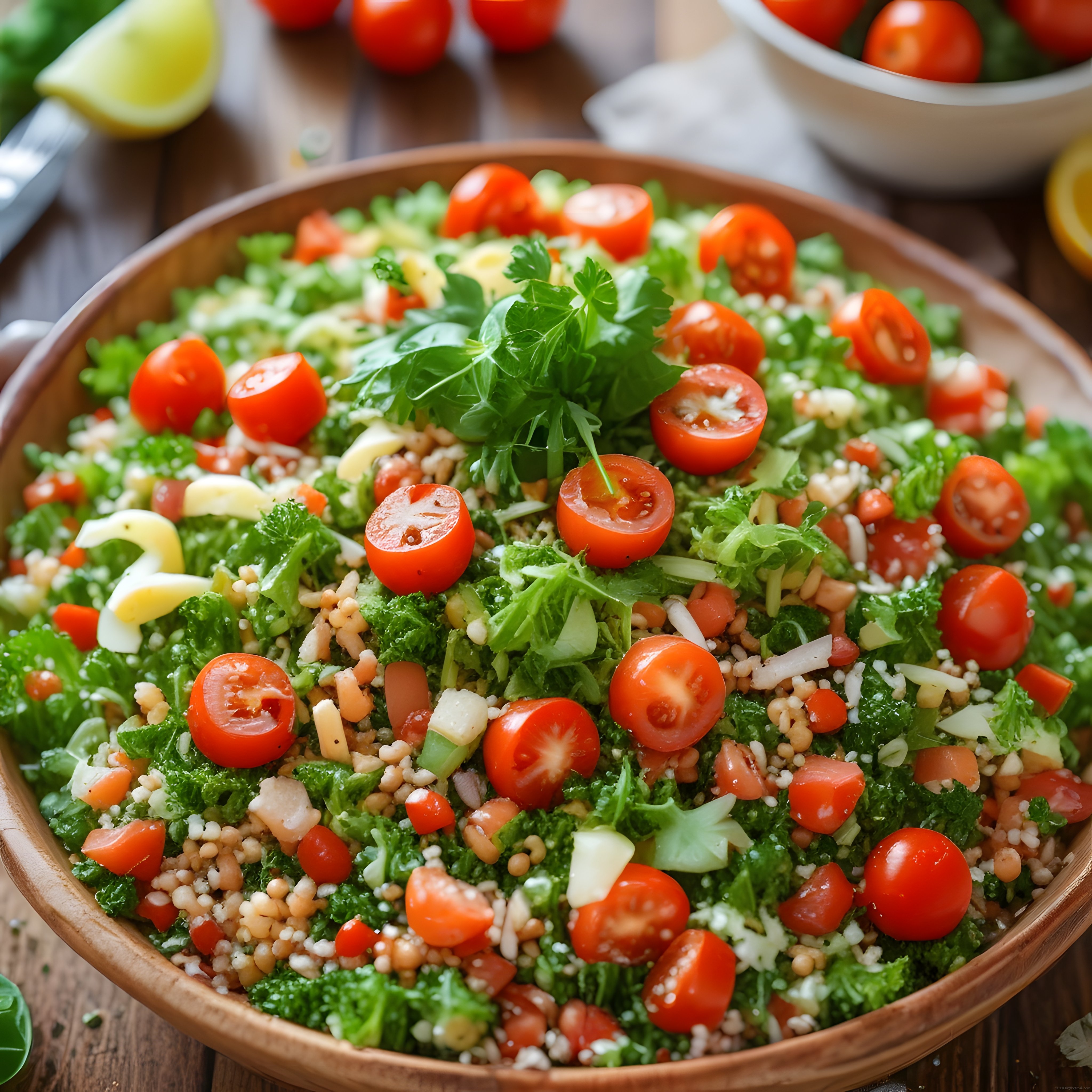 Ahşap Kasede Taze Domatesli ve Yeşilliklerle Dolu Sağlıklı Salata Tarifi