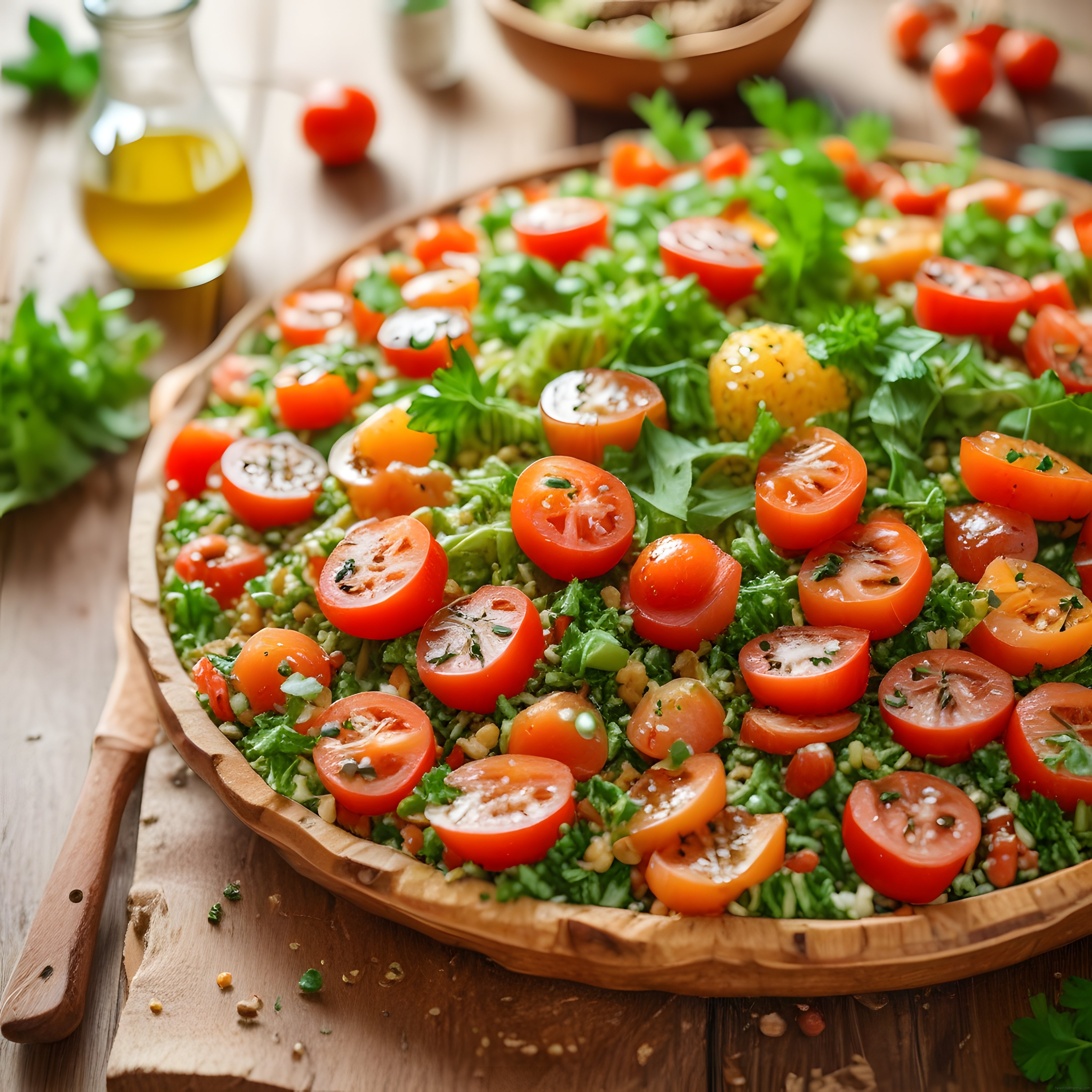 Ahşap Kasede Taze Domatesli ve Yeşillikli Bulgur Salatası Sunumu