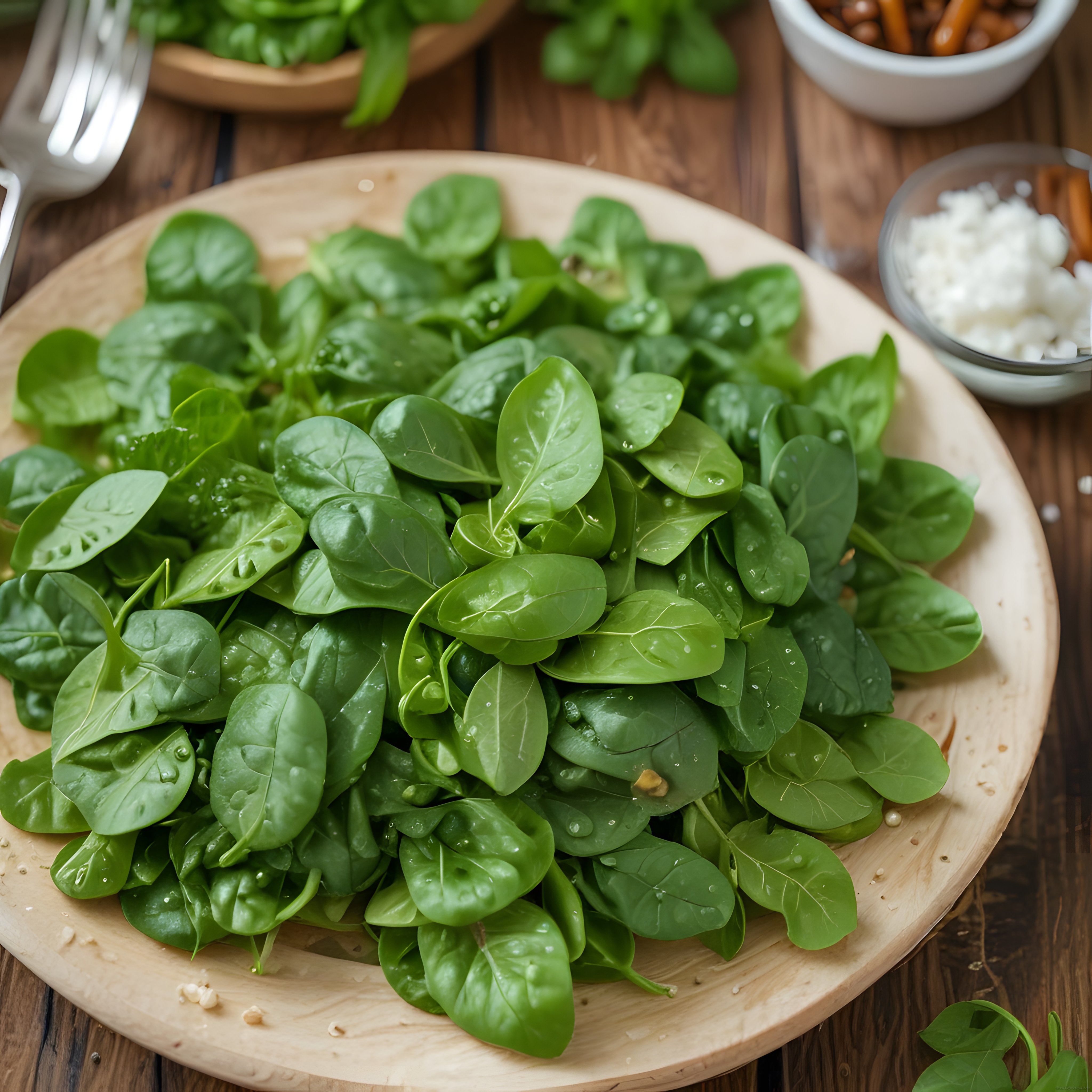 Ahşap Kasede Taze Ispanak Yaprakları ve Sağlıklı Salata Malzemeleri