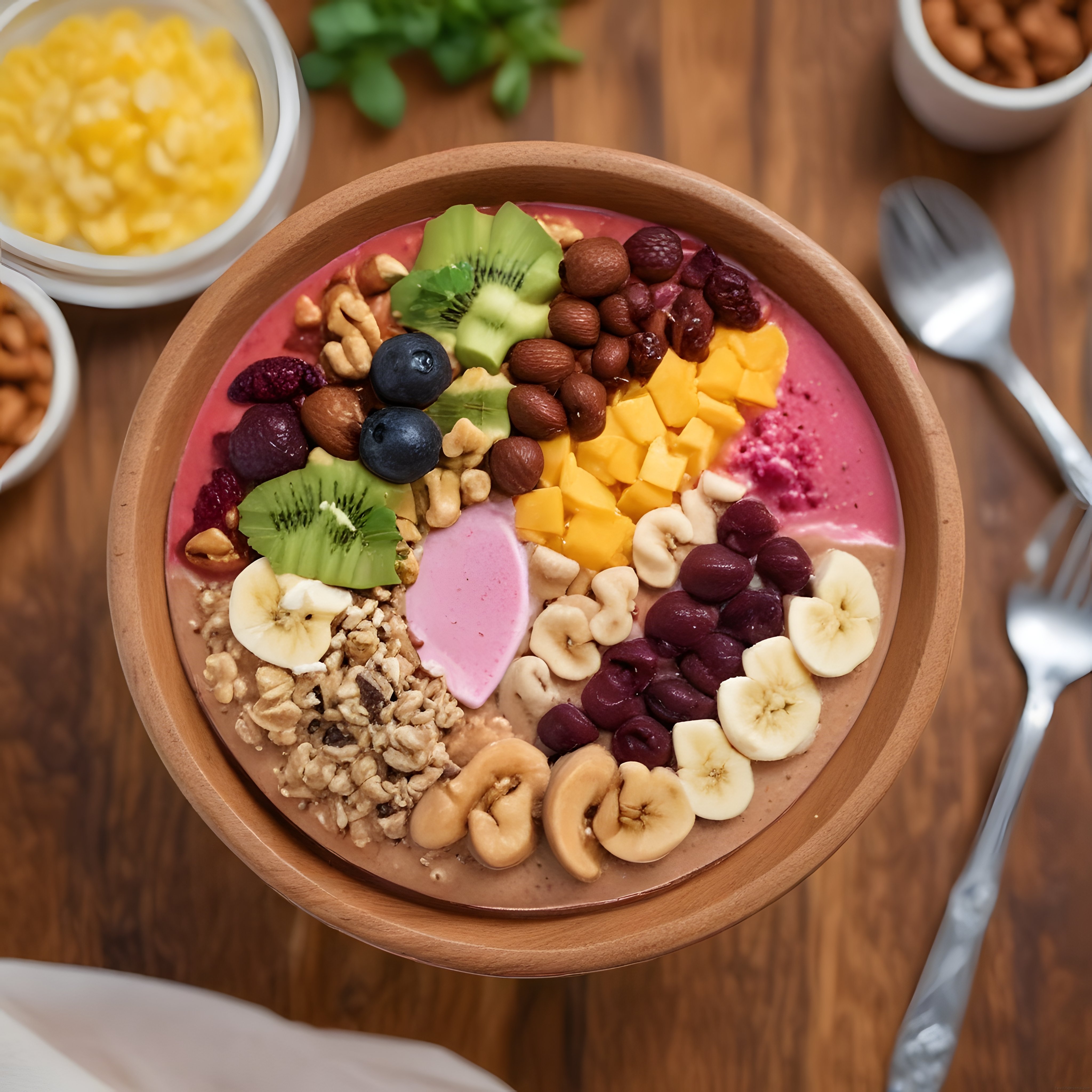 Ahşap Kasede Taze Kivili Muzlu ve Yaban Mersinli Smoothie Bowl Kahvaltısı