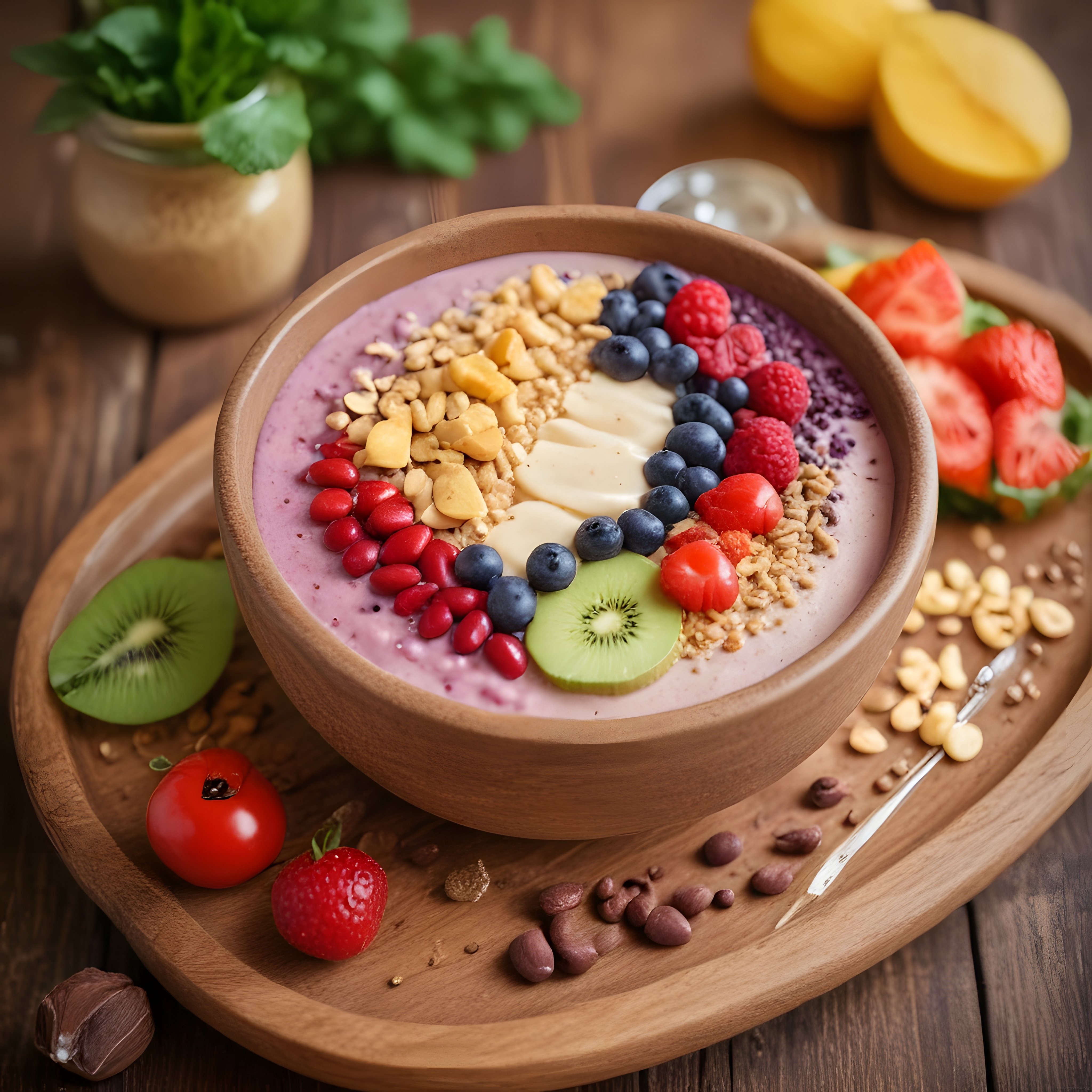 Ahşap Kasede Taze Meyveler ve Kuruyemişlerle Süslenmiş Renkli Smoothie Bowl