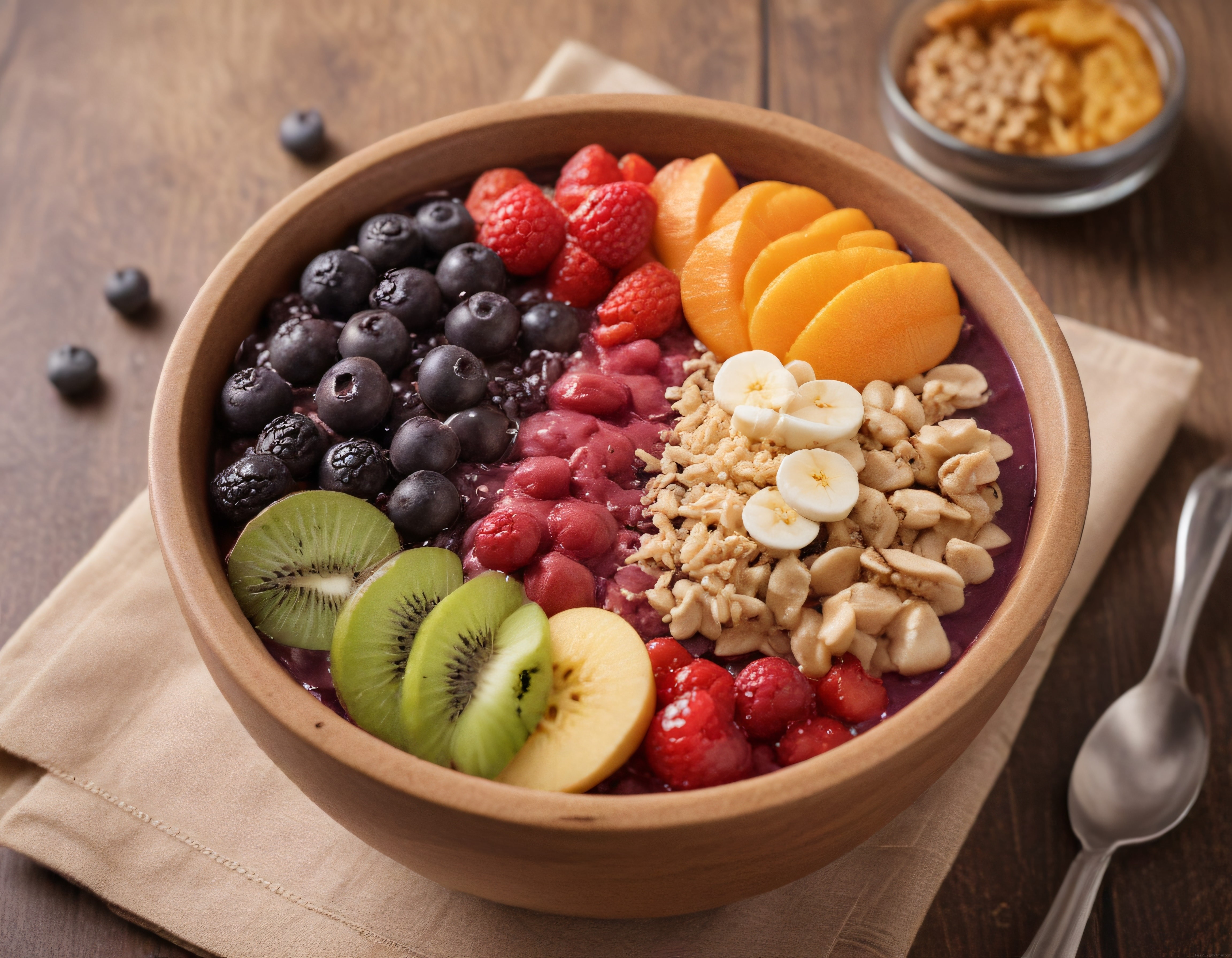 Ahşap kasede taze meyveli ve granolalı renkli sağlıklı smoothie bowl kahvaltı