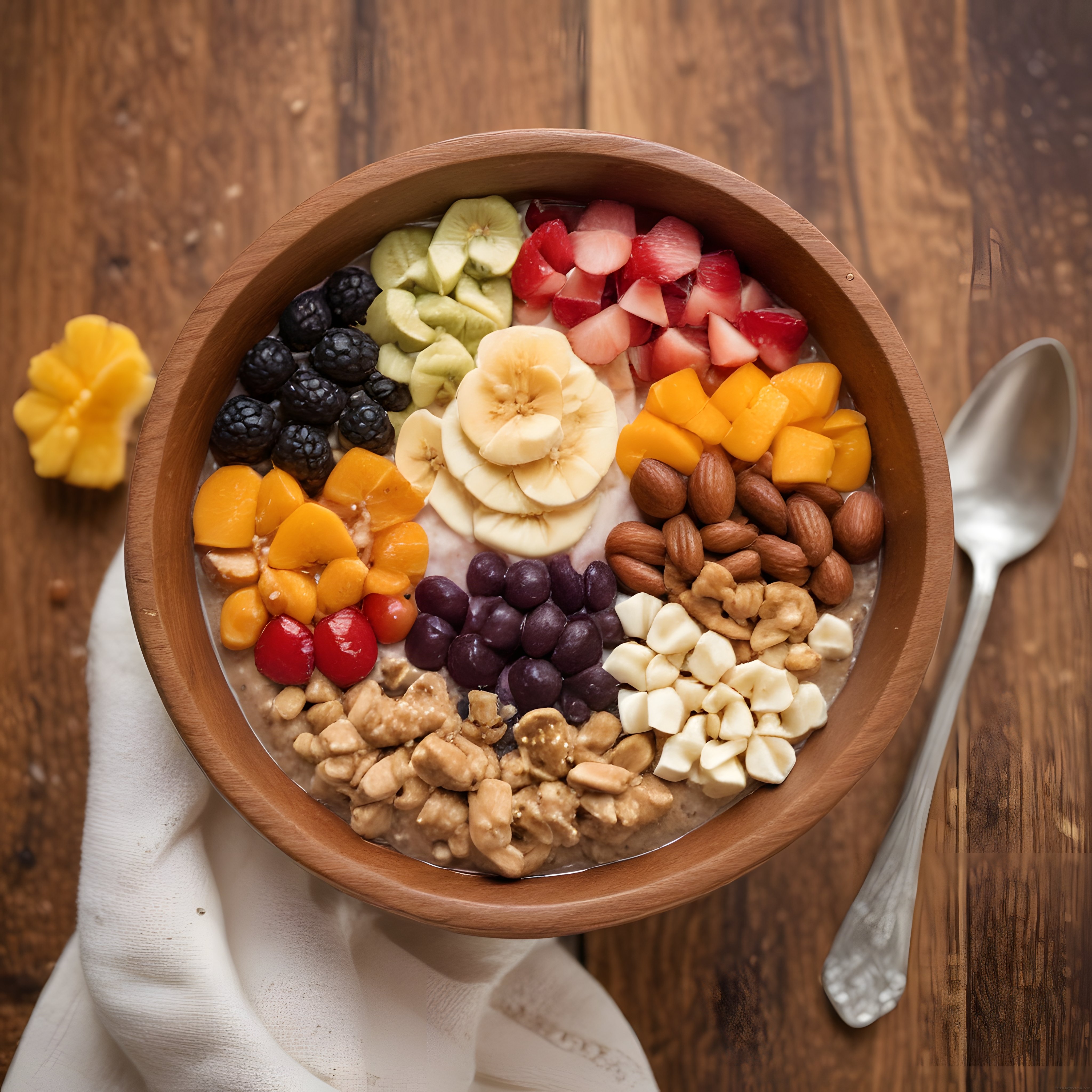 Ahşap Kasede Taze Meyveli ve Kuruyemişli Sağlıklı Smoothie Bowl Kahvaltısı