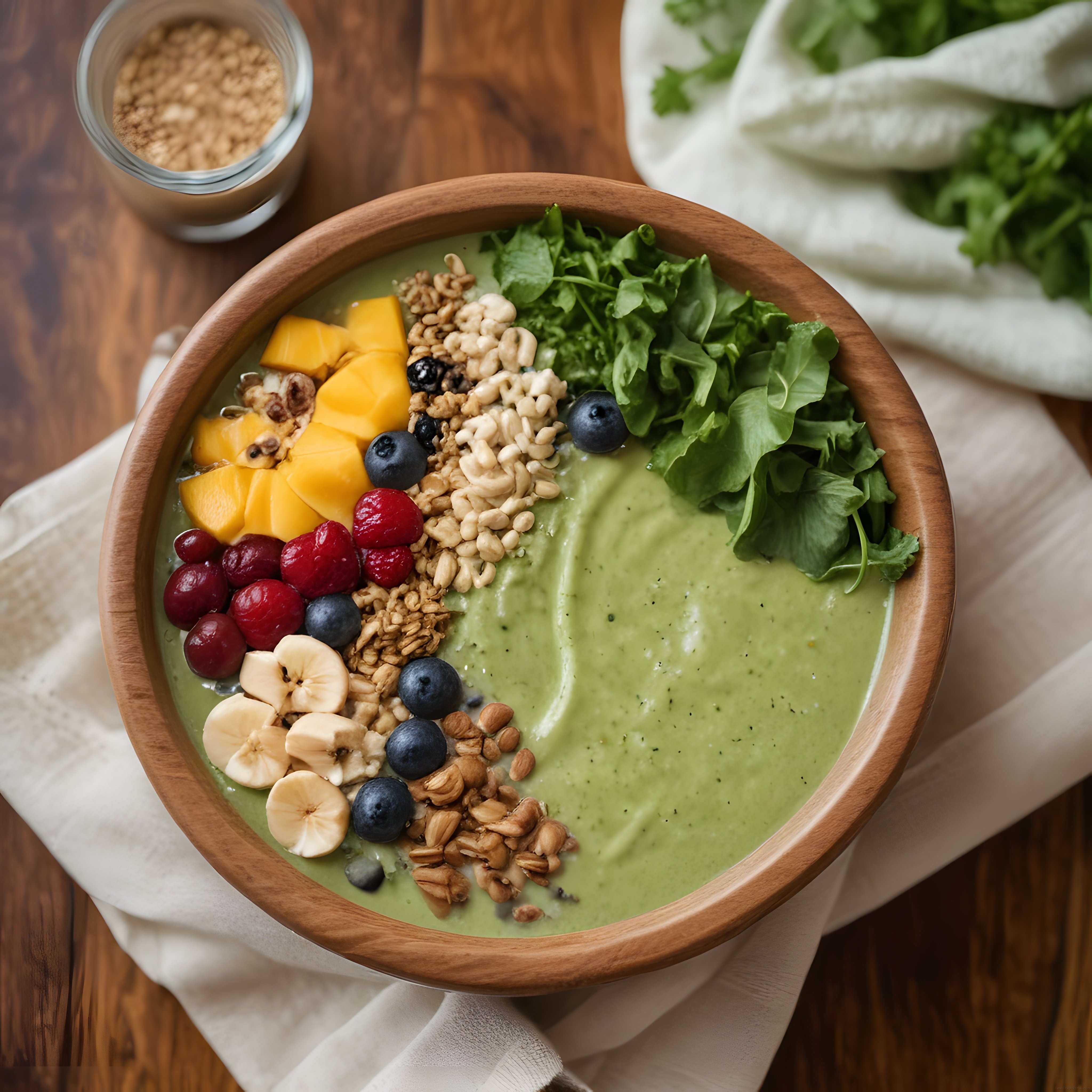 Ahşap Kasede Taze Meyveli ve Yemişli Ev Yapımı Yeşil Smoothie Bowl