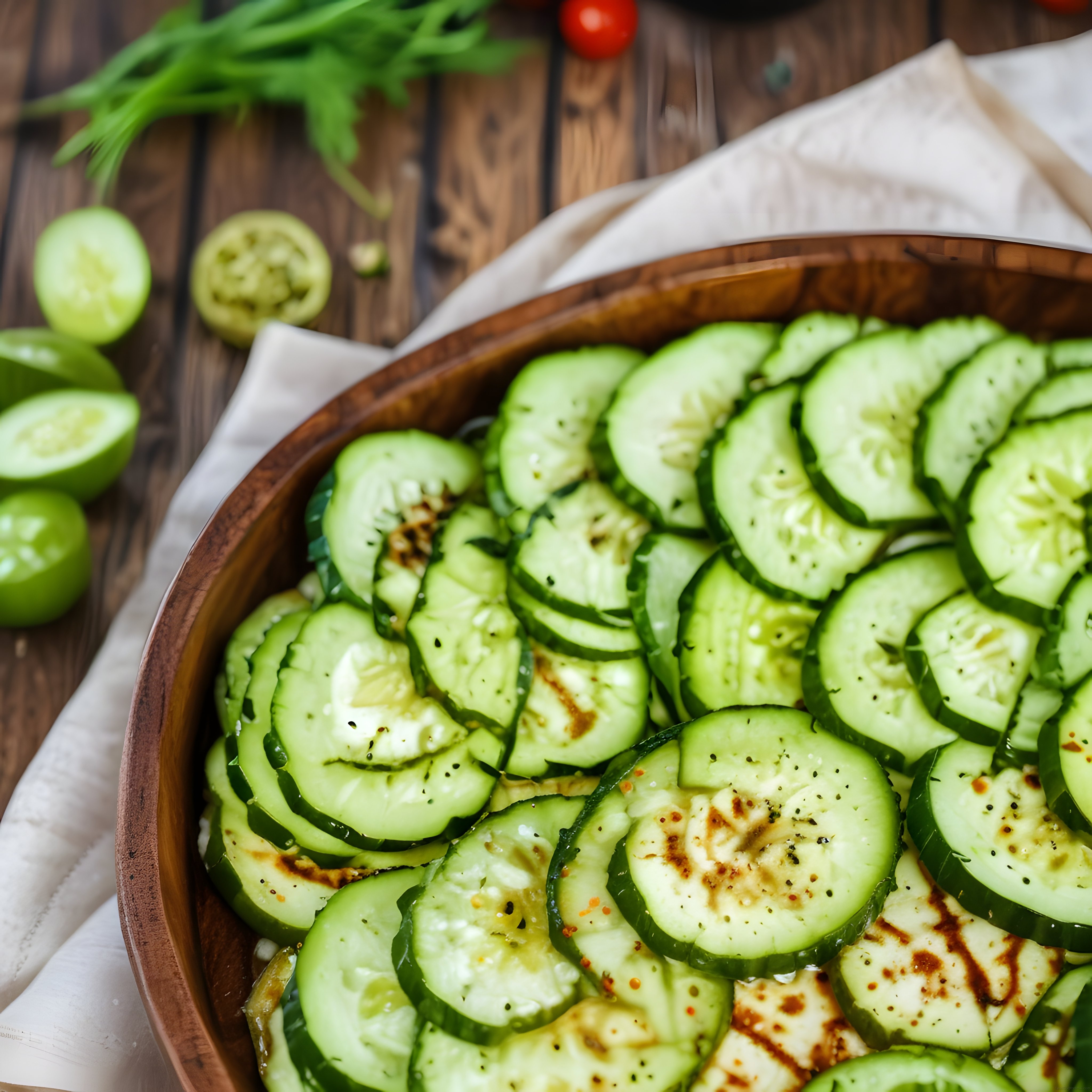 Ahşap Kasede Taze Salatalık Dilimleri ve Hafif Soslu Sağlıklı Salata Tarifi