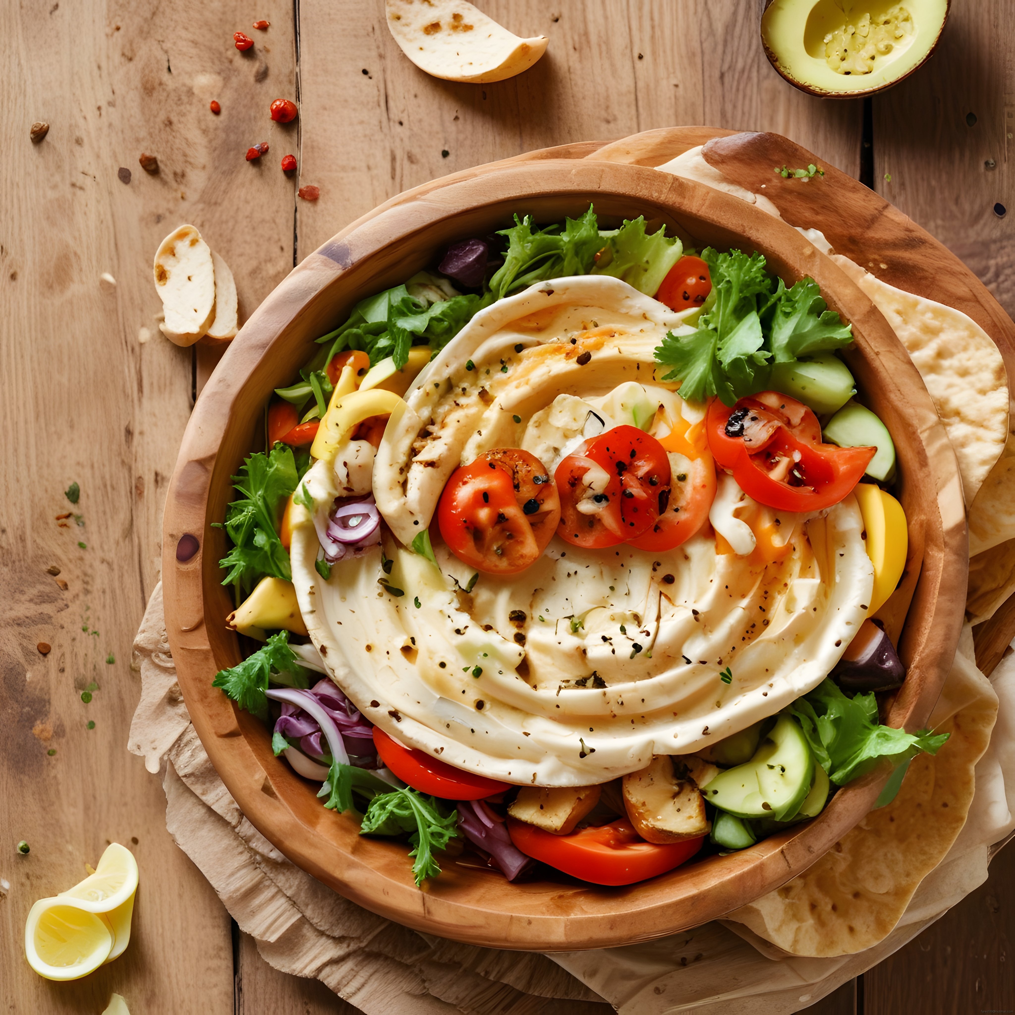 Ahşap Kasede Taze Sebzeler ve Humus ile Besleyici Vegan Kase Sunumu