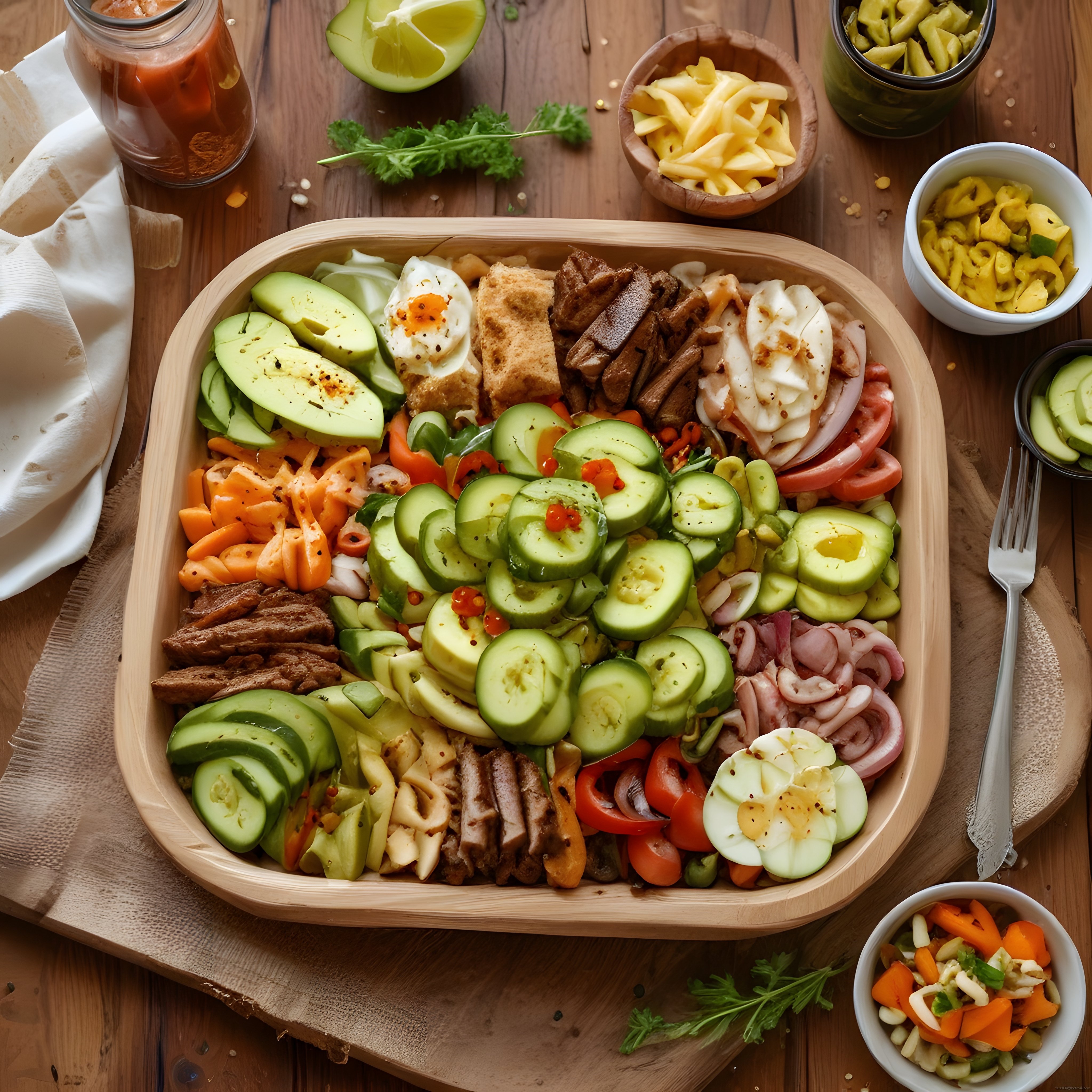 Ahşap kasede taze sebzeler ve proteinle dolu renkli sağlıklı salata kasesi