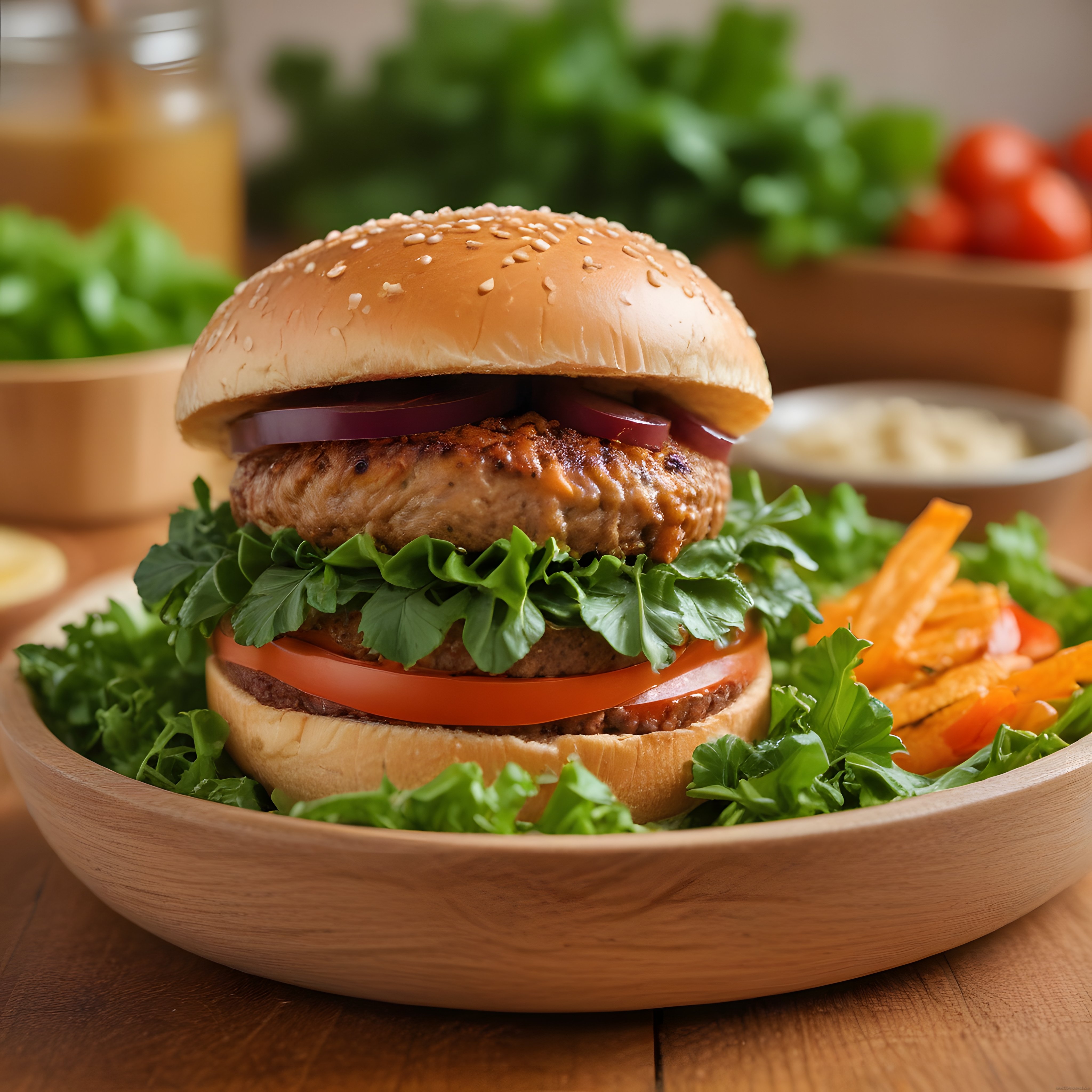 Ahşap Kasede Taze Sebzelerle Süslenmiş Ev Yapımı Hamburger ve Patates Kızartması