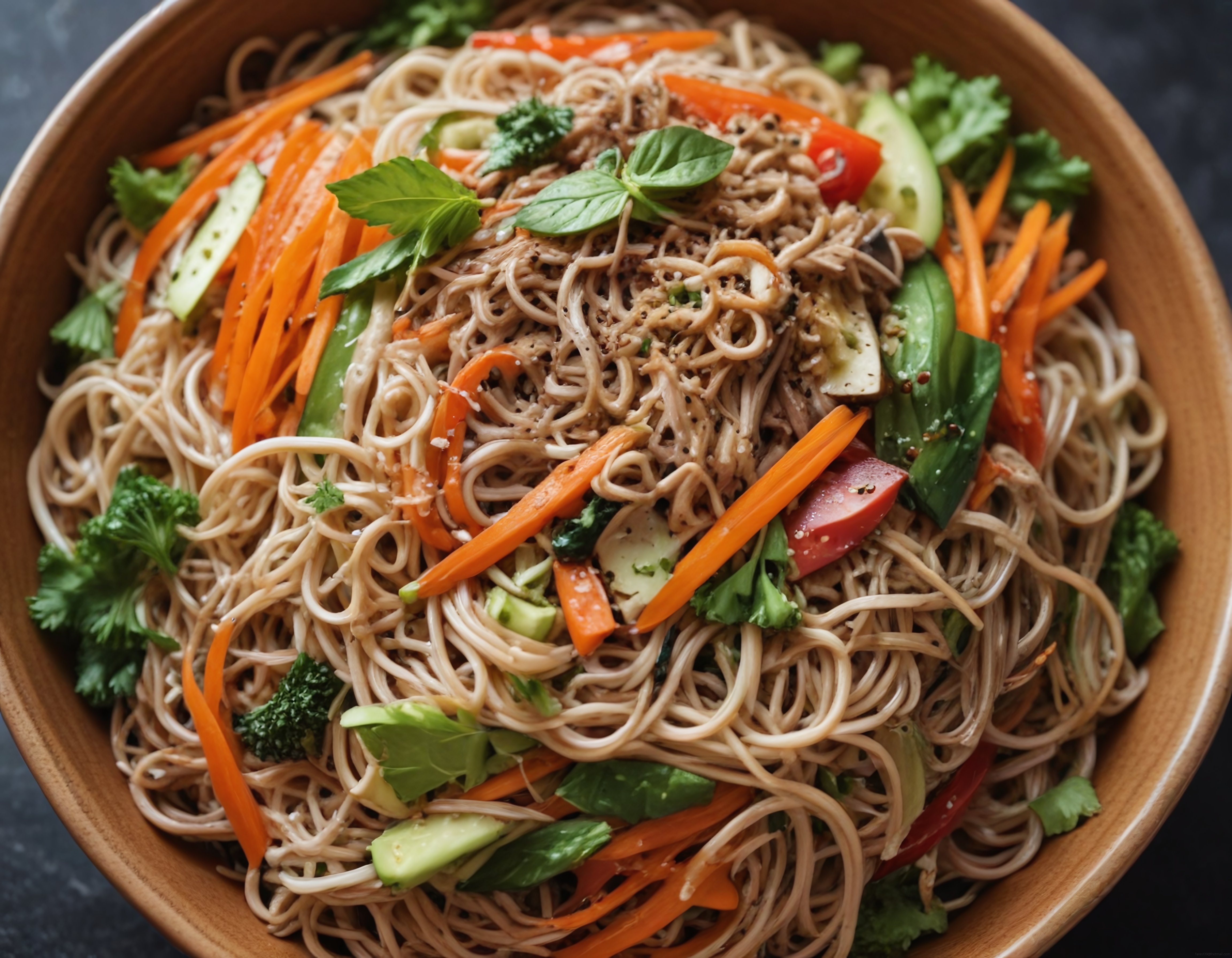 Ahşap Kasede Taze Sebzelerle Süslenmiş Soba Noodle Salatası