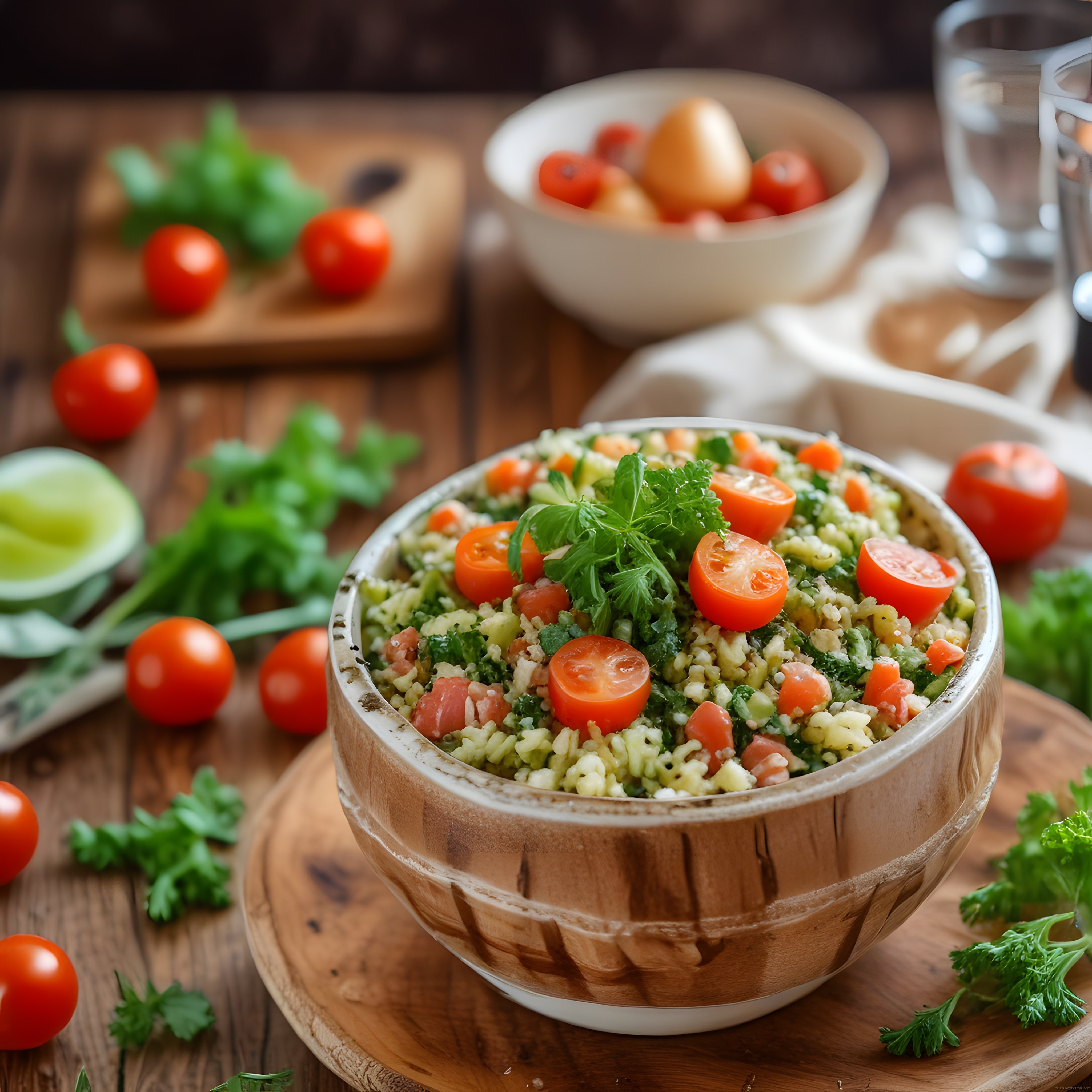 Ahşap Kasede Taze Sebzelerle Tahıl Salatası ve Sağlıklı Beslenme