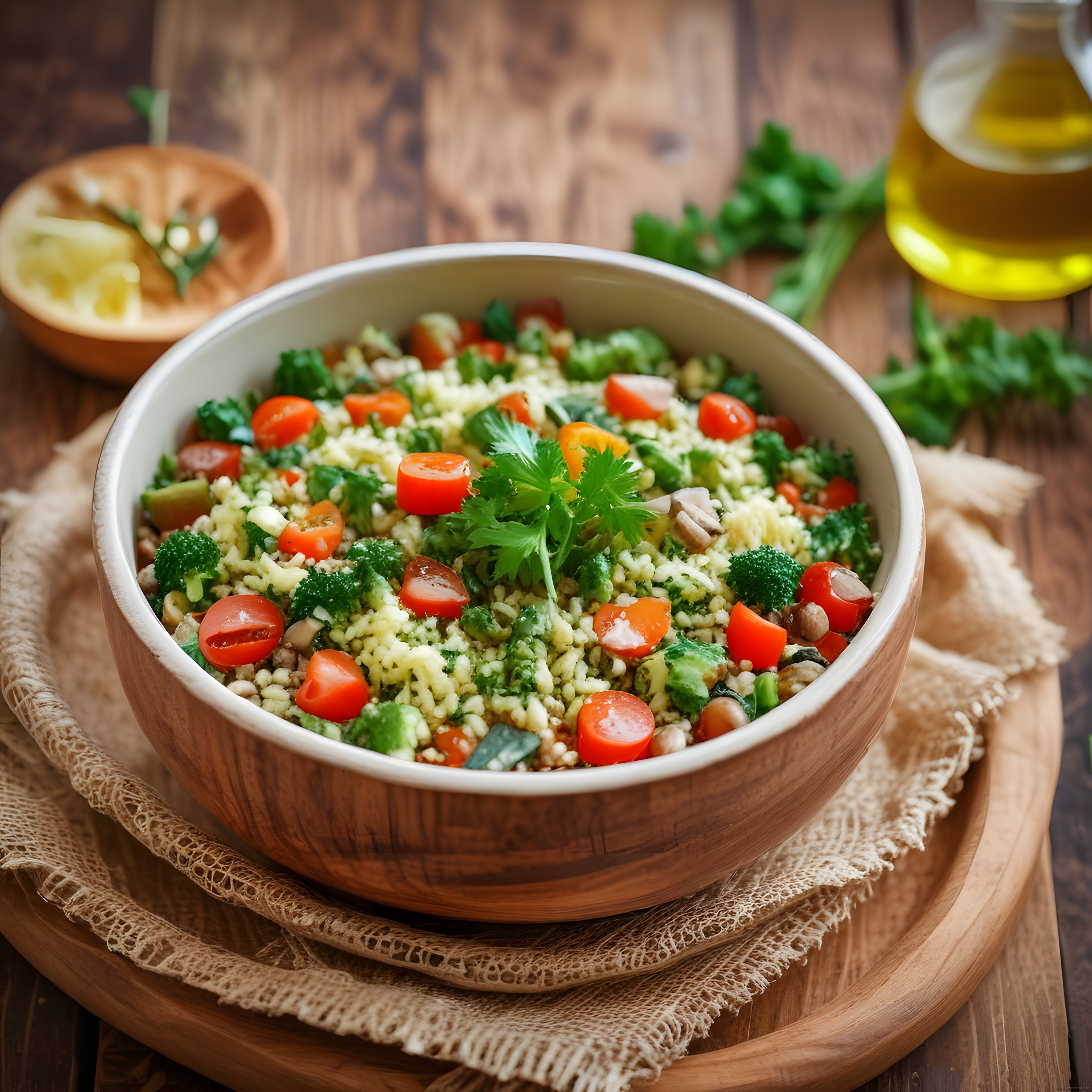 Ahşap Kasede Taze Sebzeli Bulgur Salatası: Sağlıklı ve Renkli Tarif