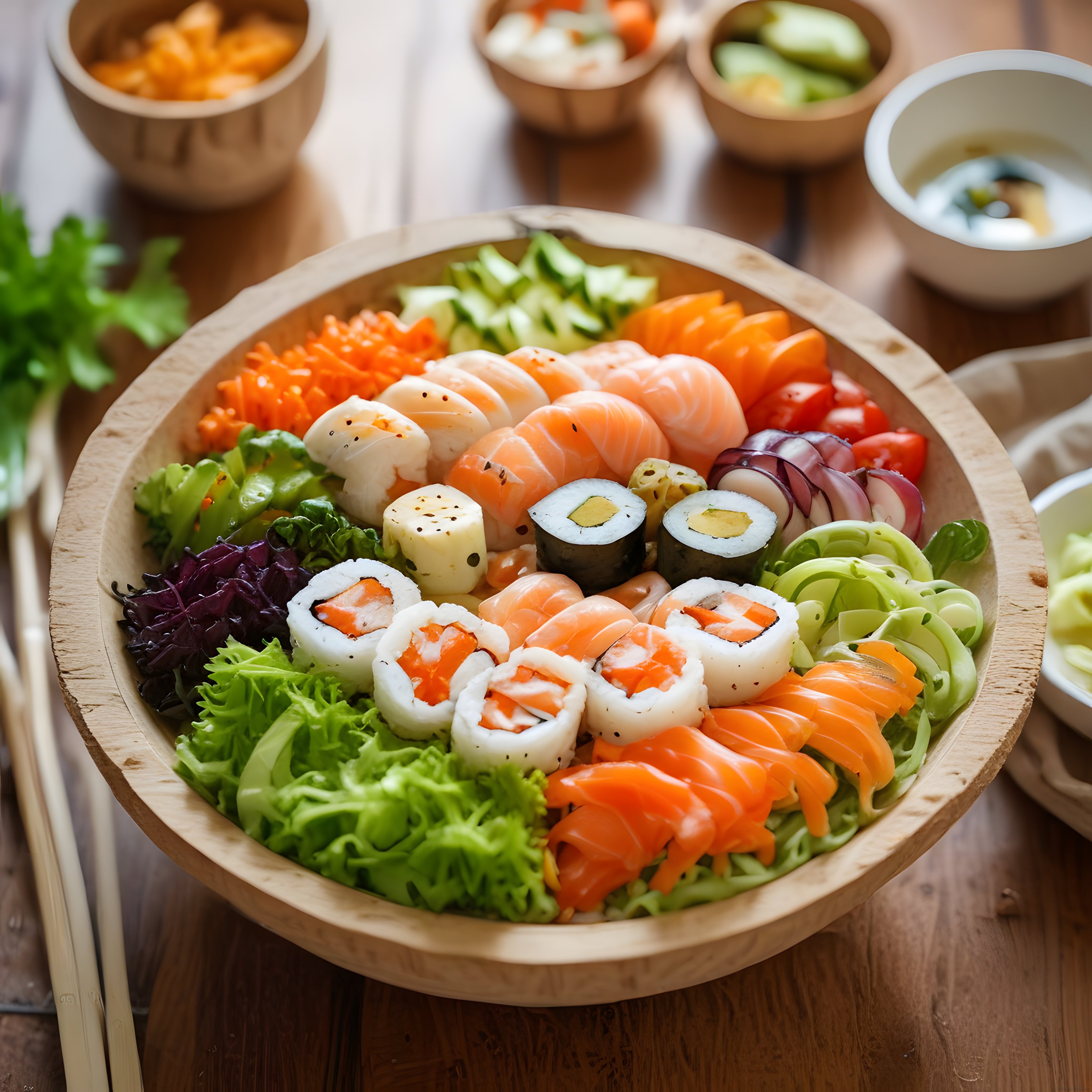 Ahşap kasede taze somonlu suşi ve sashimi sunumu ile renkli japon lezzeti