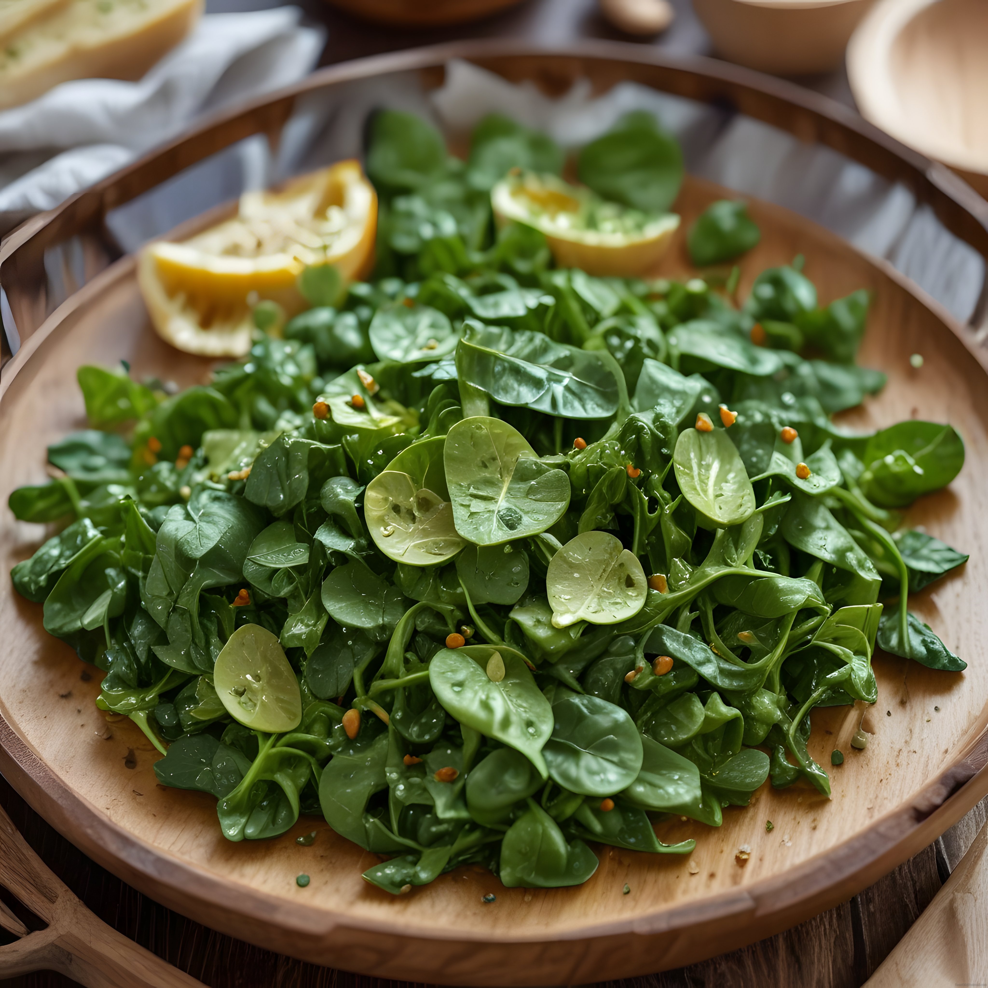 Ahşap Kasede Taze Yeşil Salata, Limon ve Baharat Süslemesi