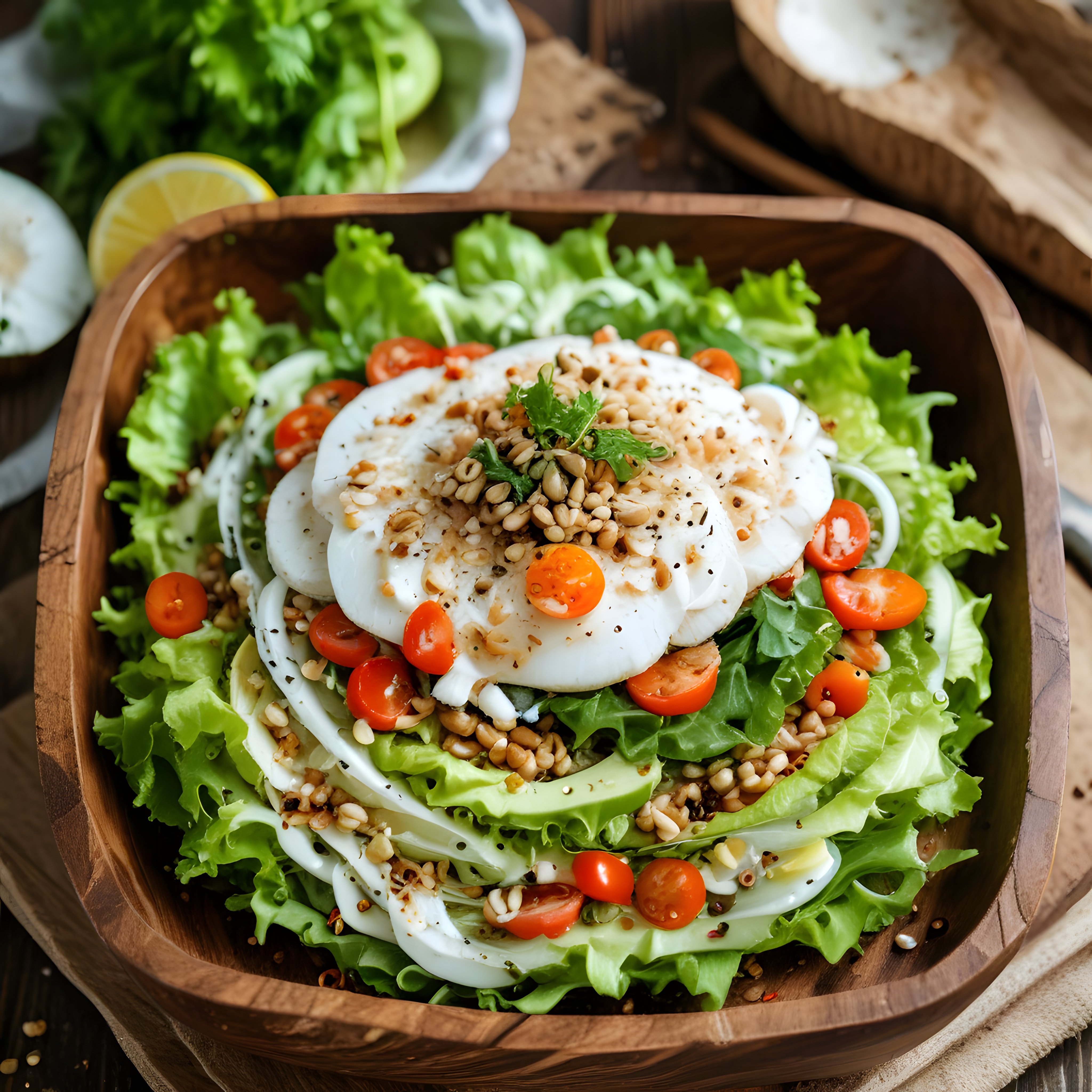 Ahşap Kâsede Taze Yeşillikler, Haşlanmış Yumurta ve Avokado ile Sağlıklı Salata
