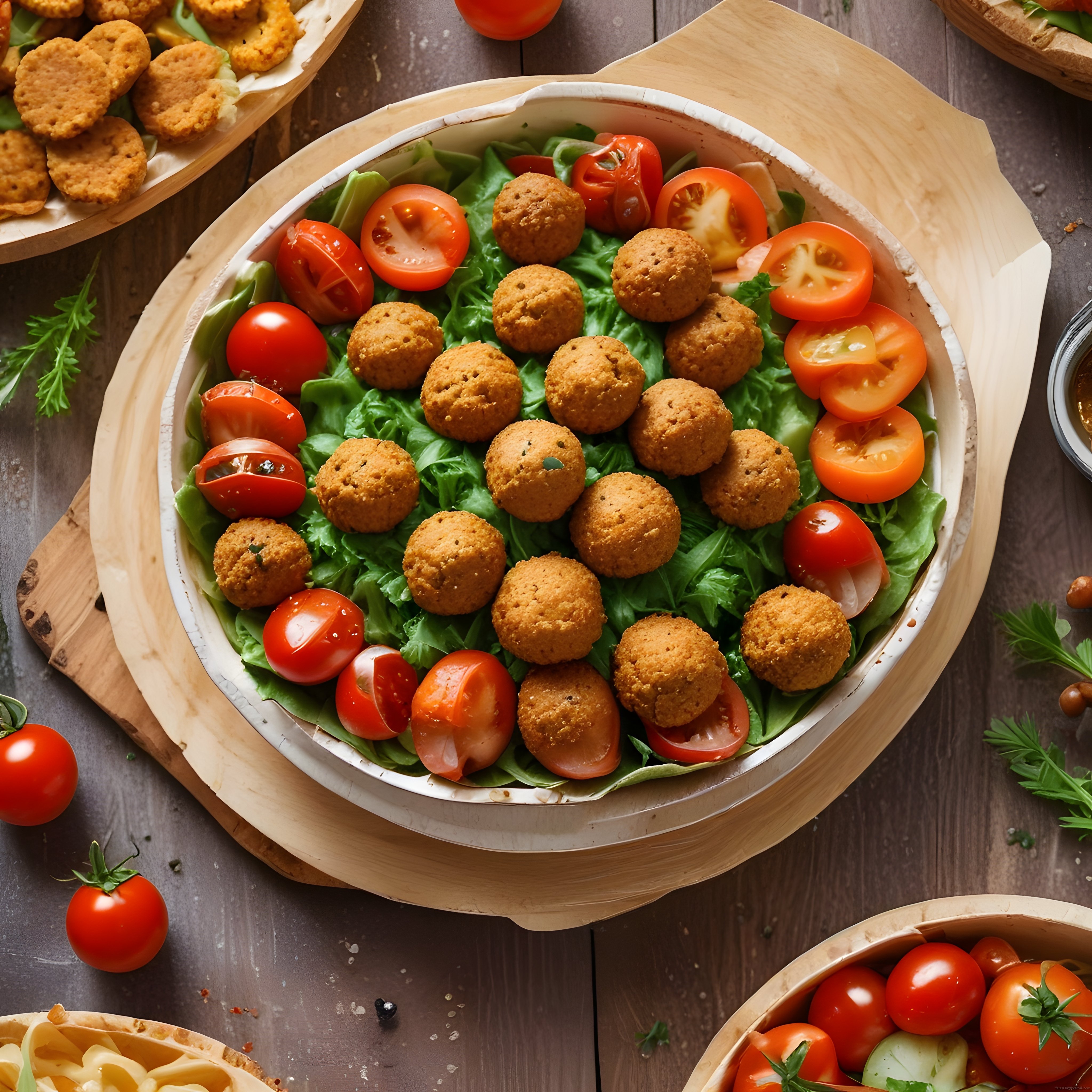 Ahşap Kasede Taze Yeşillikler Üzerinde Kıtır Falafel ve Domates Sunumu