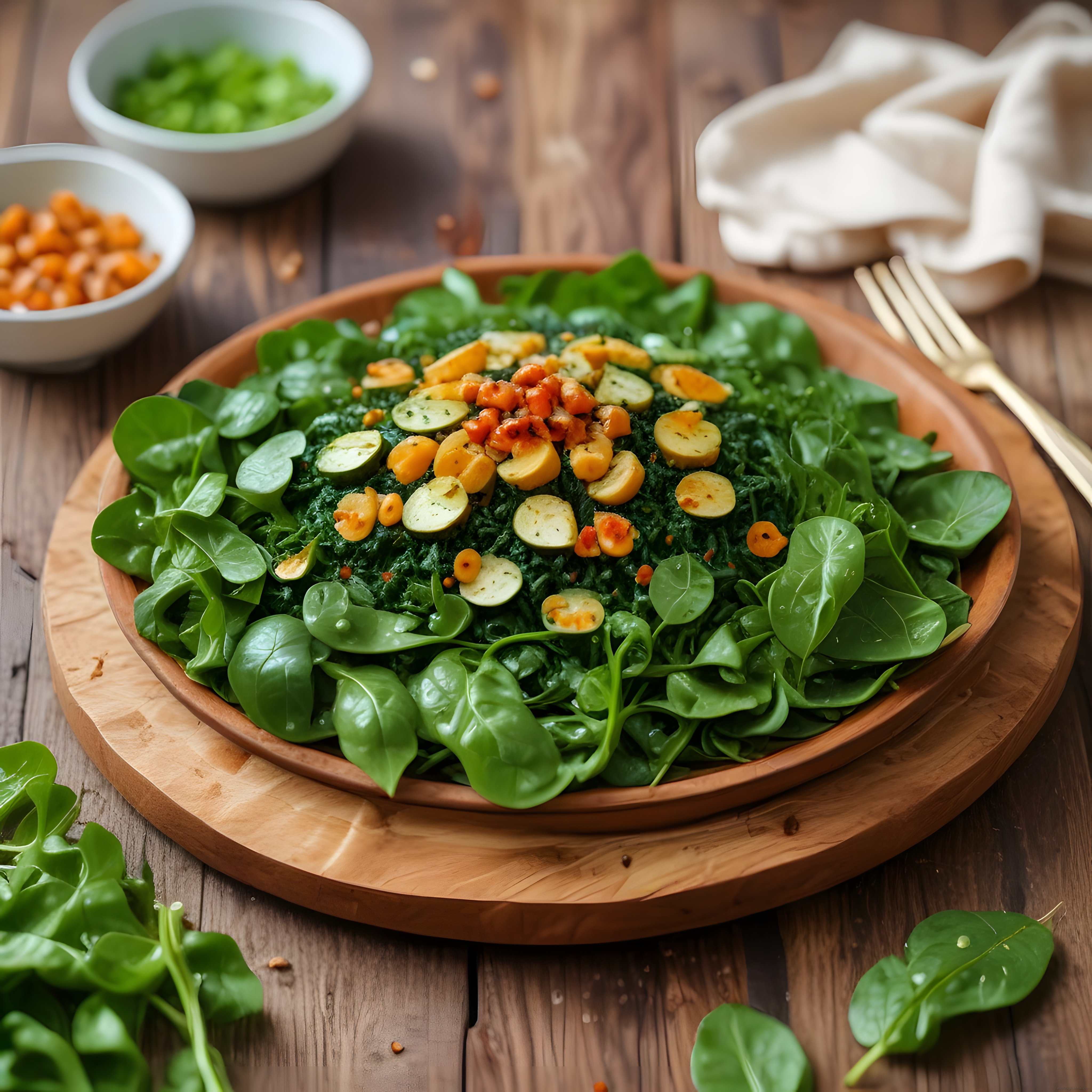 Ahşap kasede taze yeşilliklerle hazırlanmış sağlıklı vegan salata tabağı